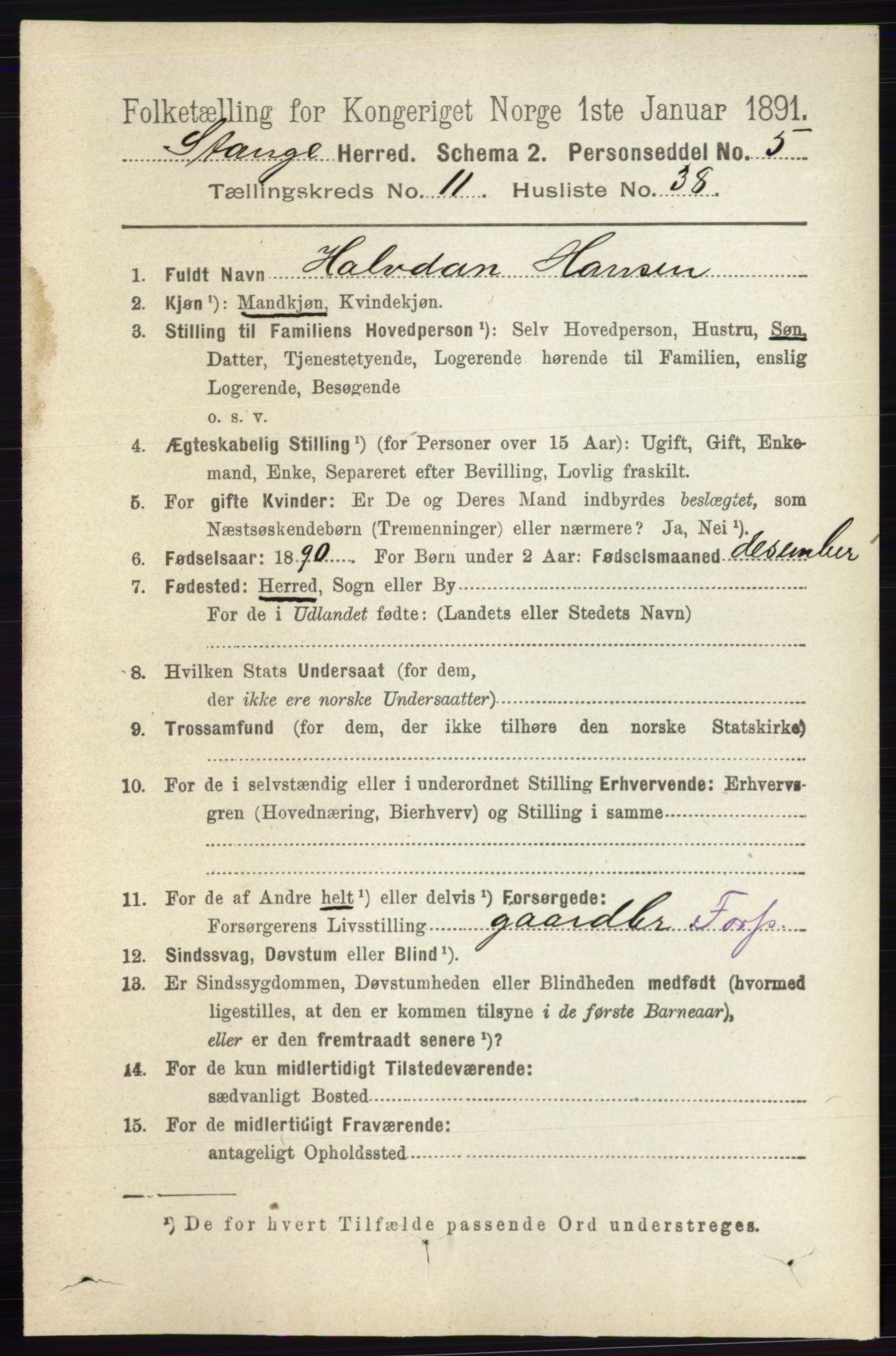 RA, 1891 census for 0417 Stange, 1891, p. 7709