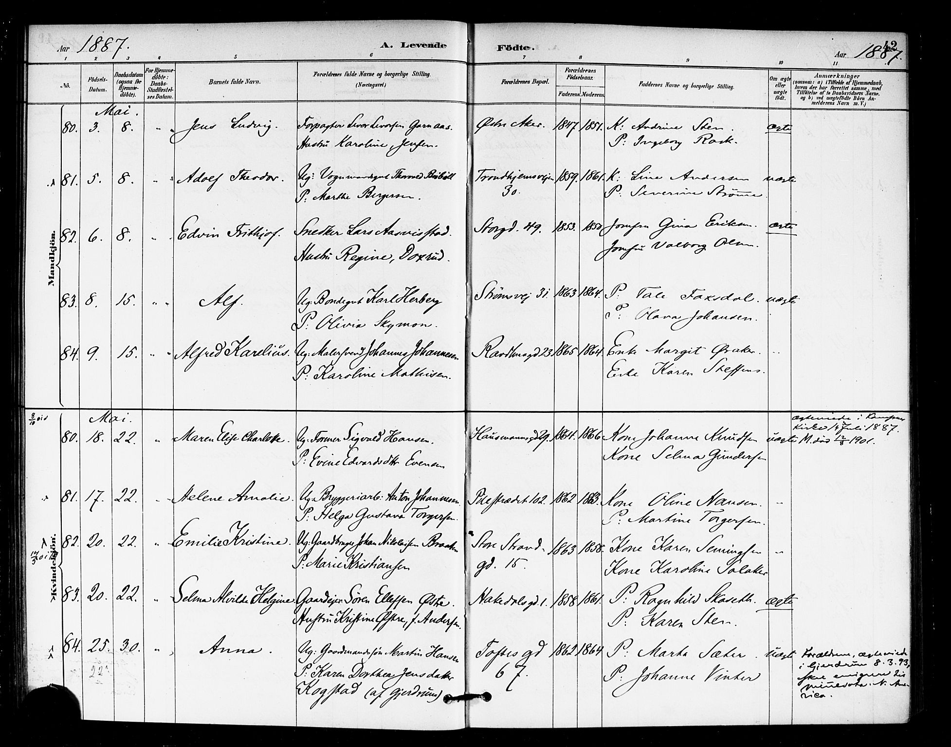 Rikshospitalet prestekontor Kirkebøker, SAO/A-10309b/F/L0007: Parish register (official) no. 7, 1885-1890, p. 42