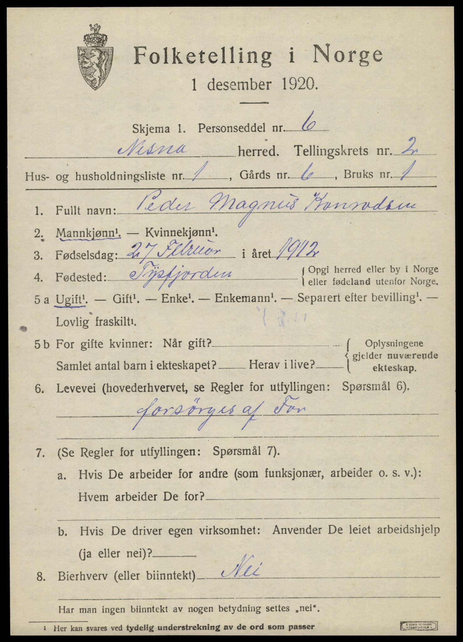 SAT, 1920 census for Nesna, 1920, p. 1737