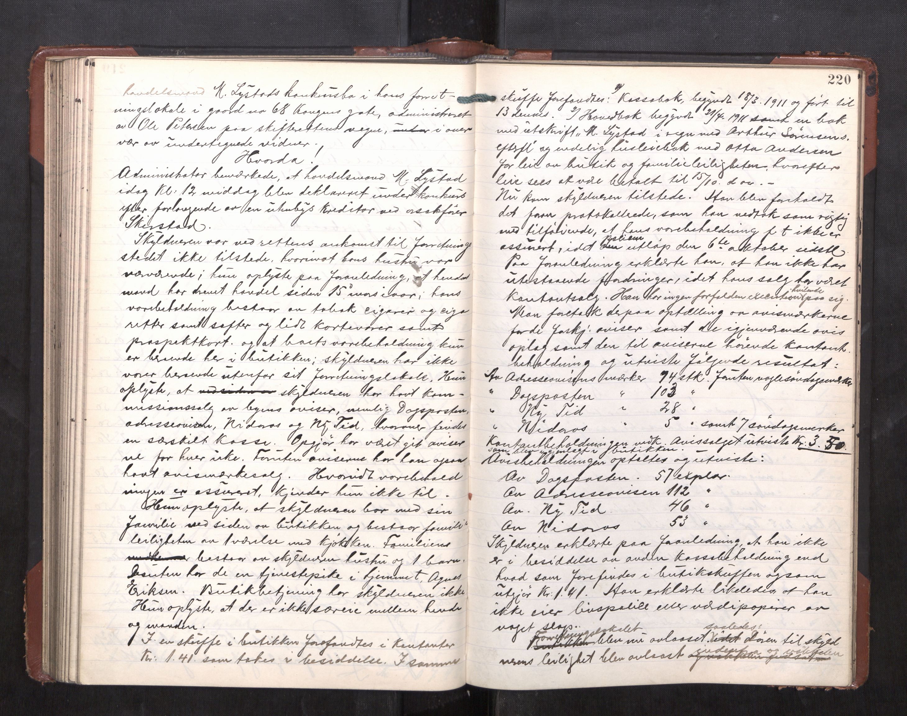 Trondheim byfogd, AV/SAT-A-0003/1/3/3C/L0029: Skifteregistreringsprotokoll - 8/12-11/4. (u/ register), 1909-1912, p. 220