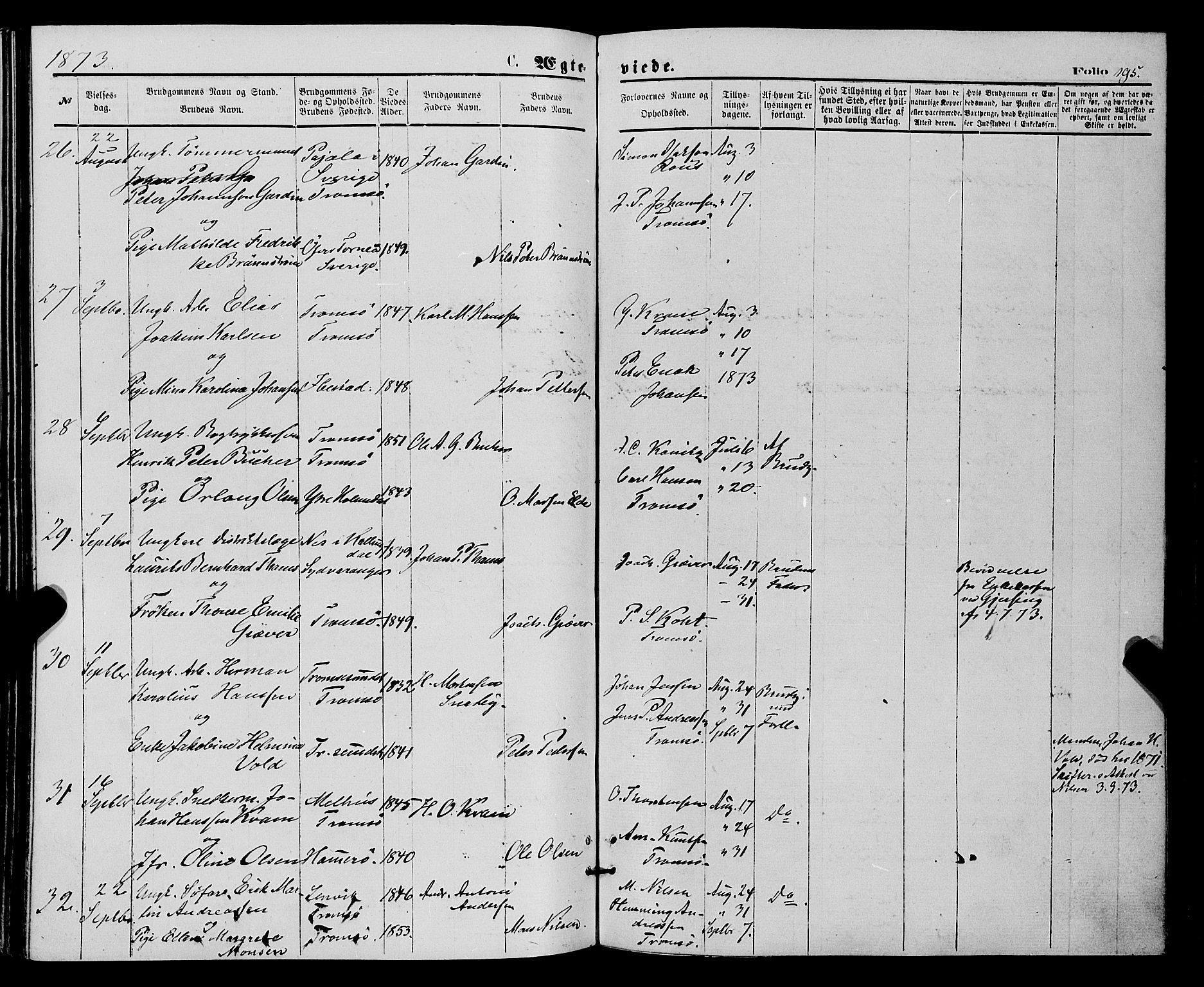 Tromsø sokneprestkontor/stiftsprosti/domprosti, AV/SATØ-S-1343/G/Ga/L0013kirke: Parish register (official) no. 13, 1872-1877, p. 195