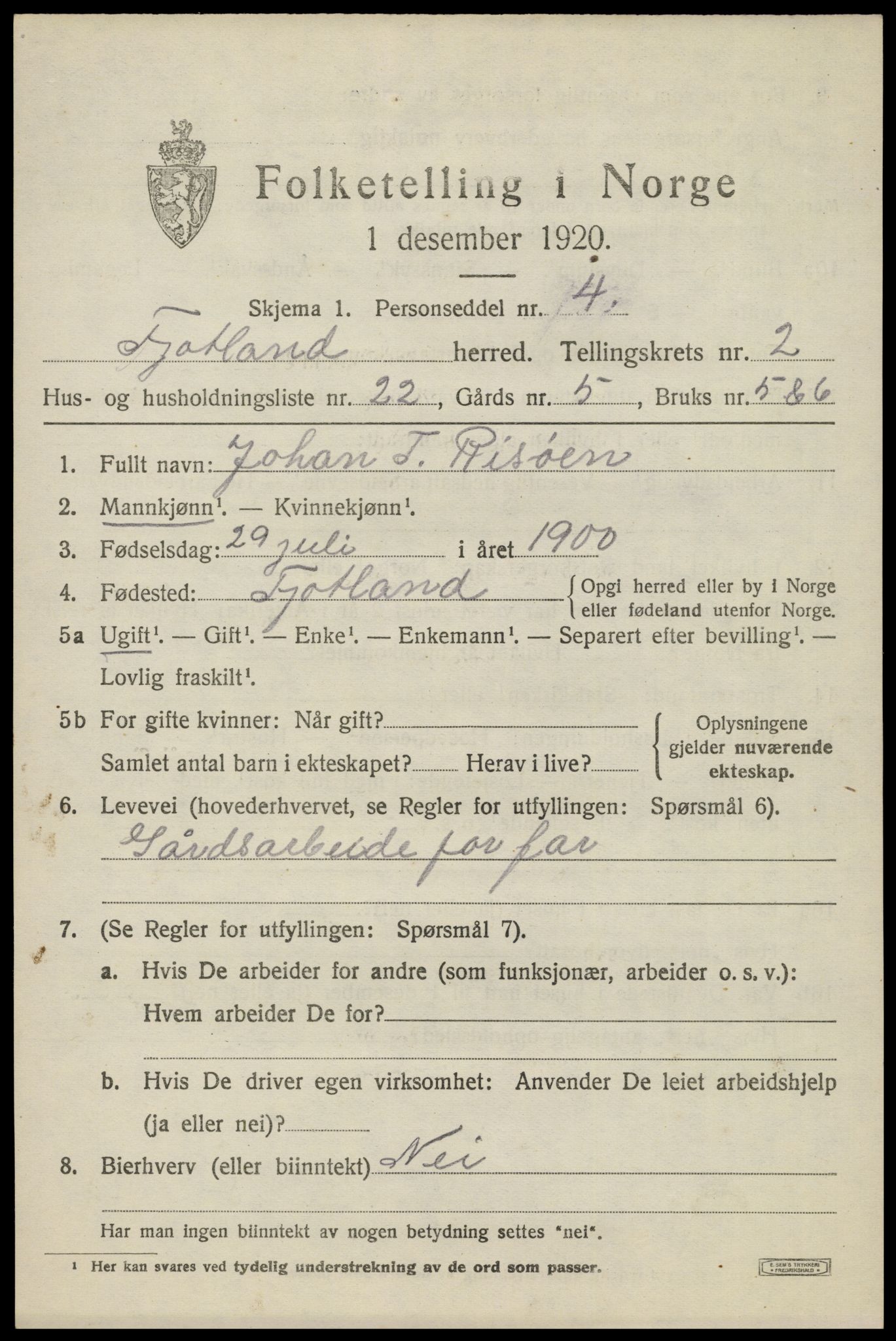 SAK, 1920 census for Fjotland, 1920, p. 924