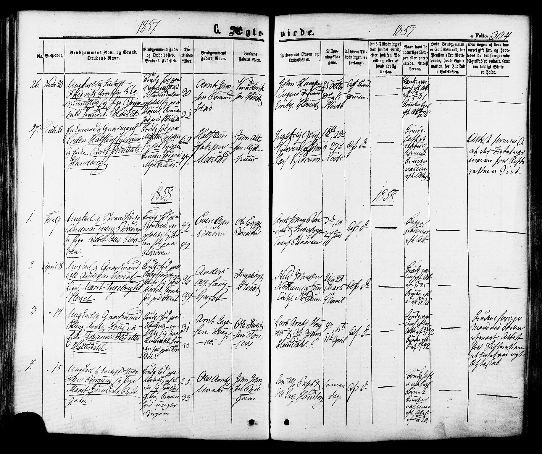 Ministerialprotokoller, klokkerbøker og fødselsregistre - Sør-Trøndelag, SAT/A-1456/665/L0772: Parish register (official) no. 665A07, 1856-1878, p. 304
