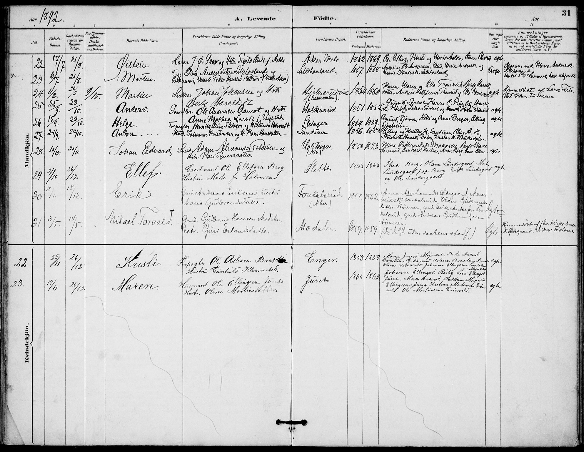 Lunder kirkebøker, AV/SAKO-A-629/F/Fa/L0001: Parish register (official) no. I 1, 1885-1912, p. 31