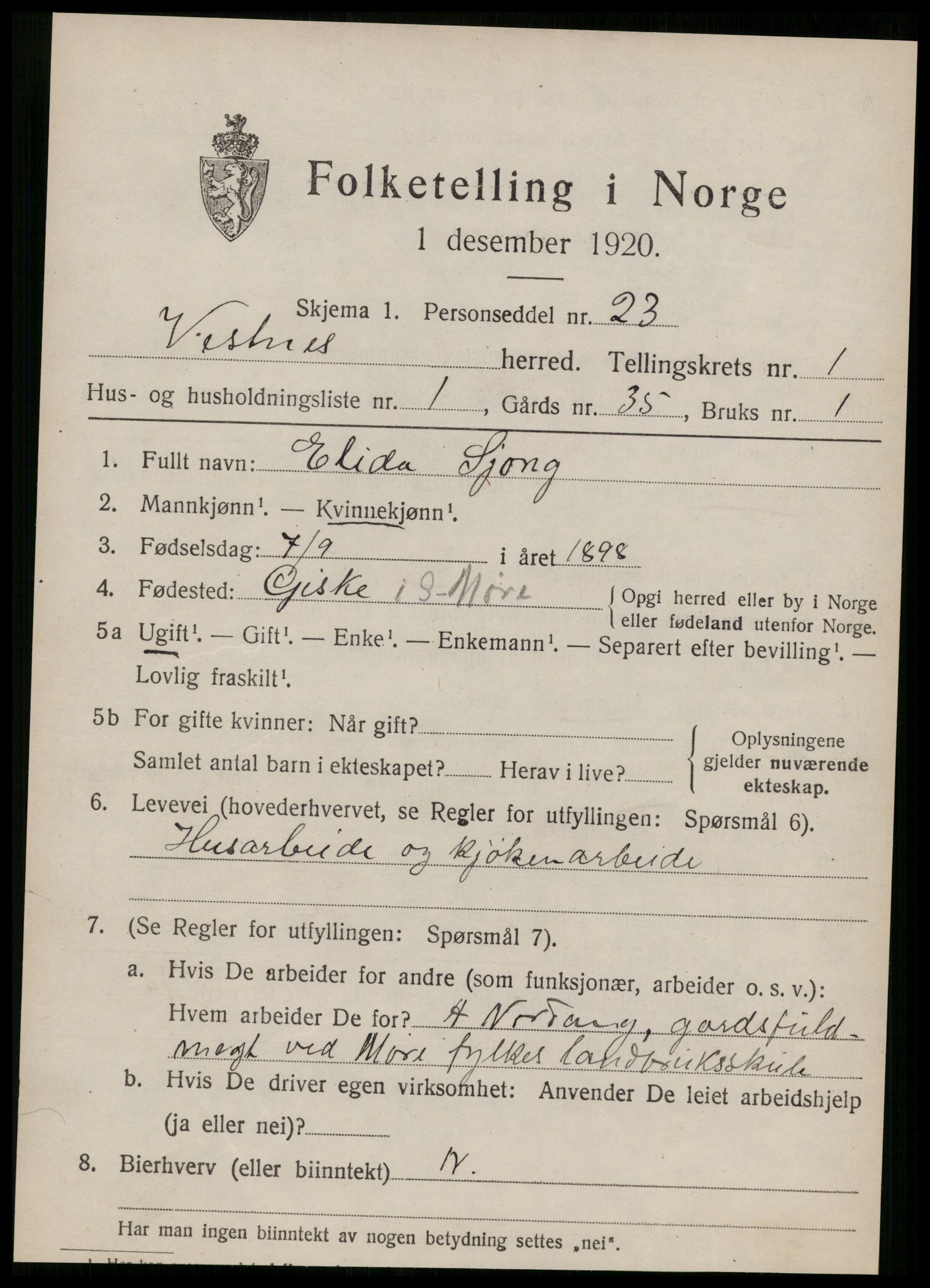 SAT, 1920 census for Vestnes, 1920, p. 1179