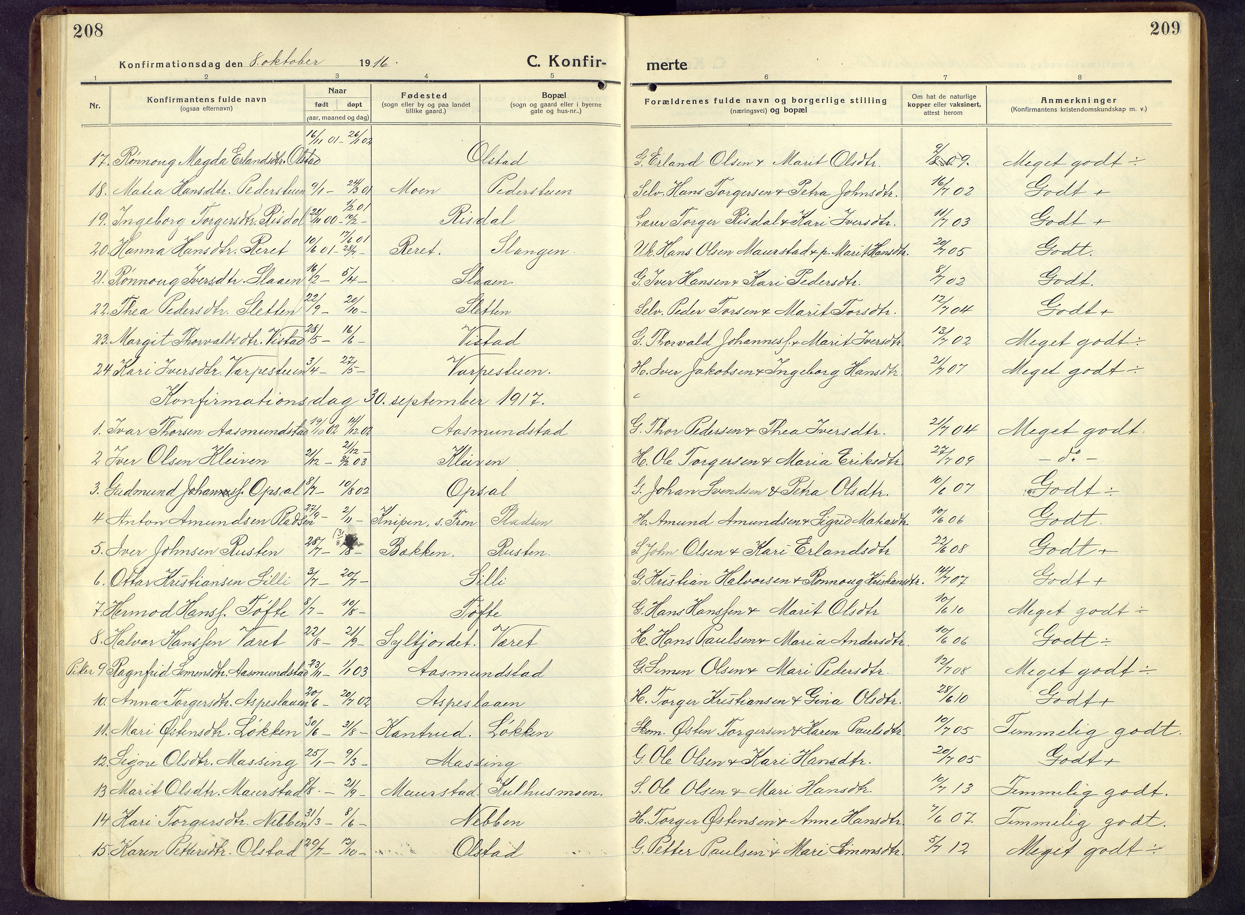 Nord-Fron prestekontor, SAH/PREST-080/H/Ha/Hab/L0009: Parish register (copy) no. 9, 1915-1958, p. 208-209
