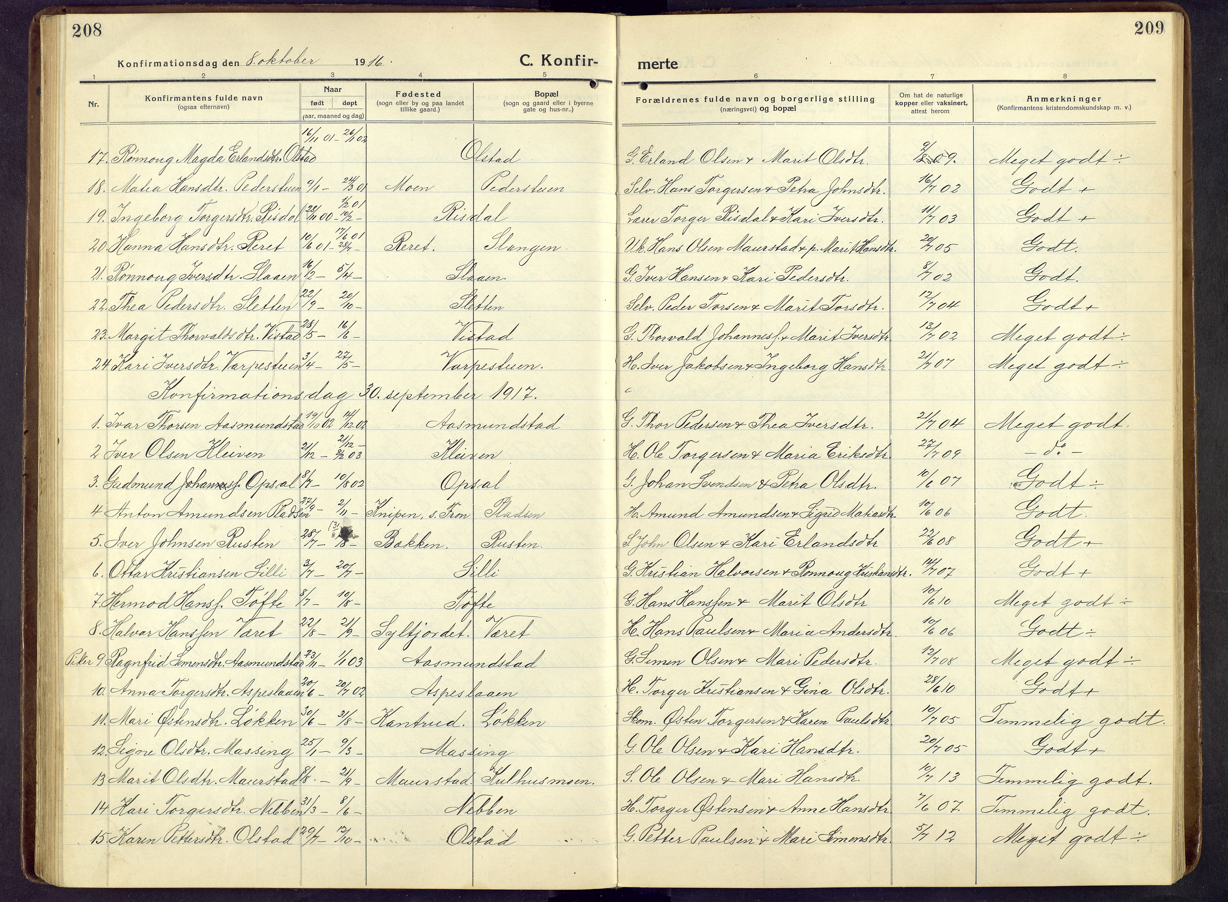 Nord-Fron prestekontor, AV/SAH-PREST-080/H/Ha/Hab/L0009: Parish register (copy) no. 9, 1915-1958, p. 208-209