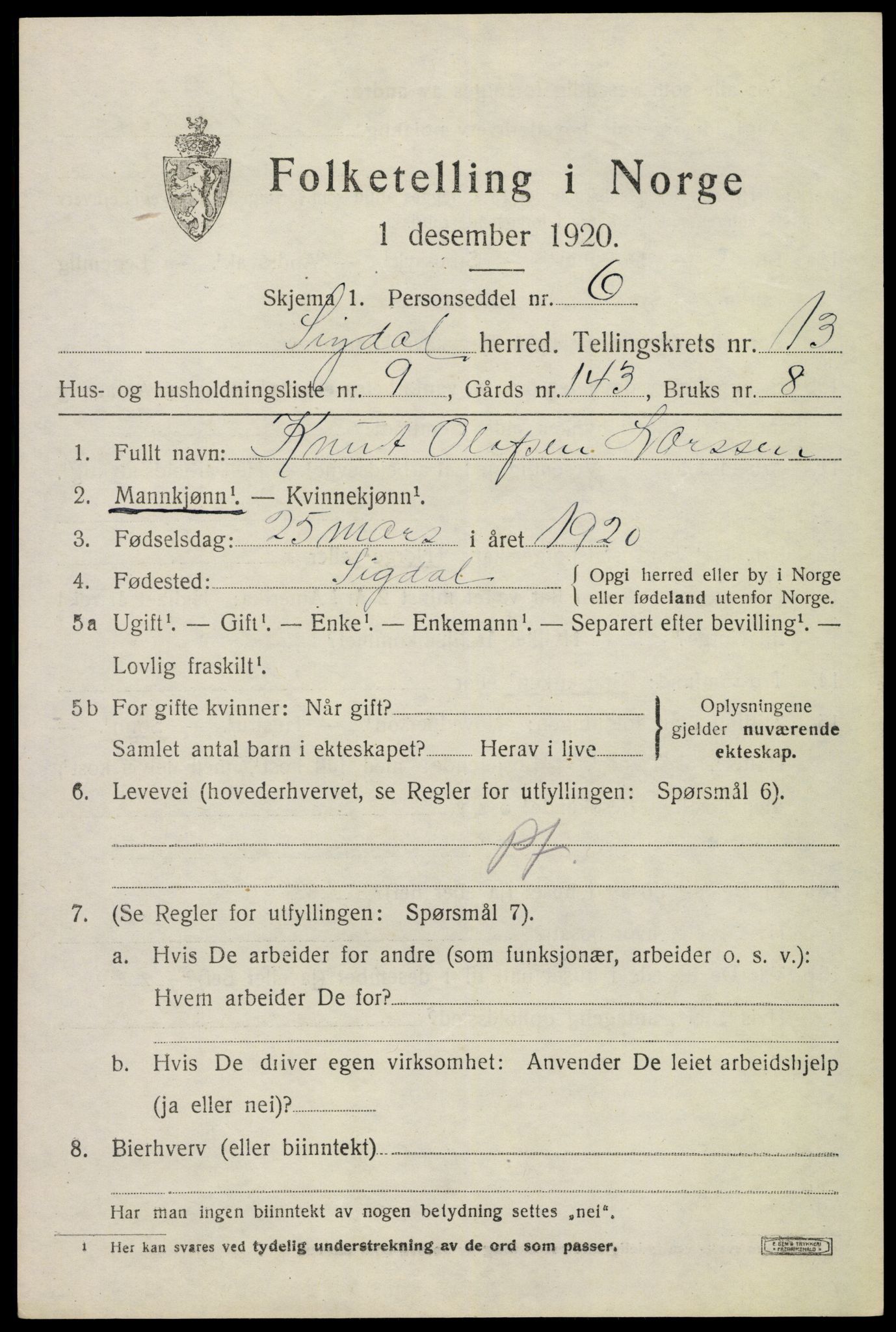 SAKO, 1920 census for Sigdal, 1920, p. 8158