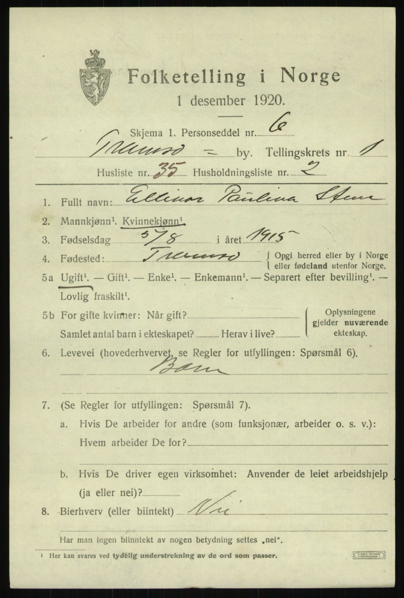 SATØ, 1920 census for Tromsø, 1920, p. 7487