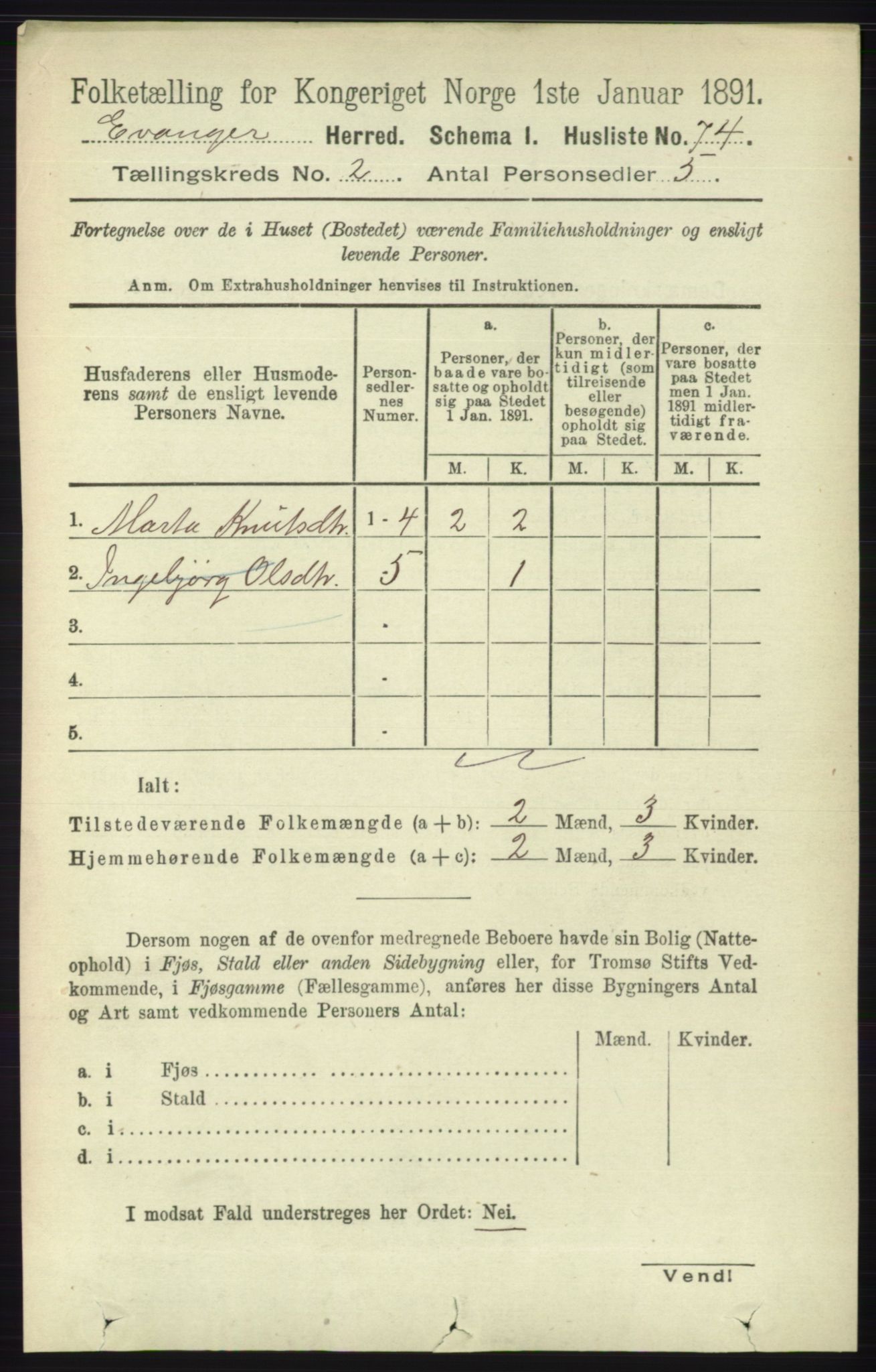 RA, 1891 census for 1237 Evanger, 1891, p. 328