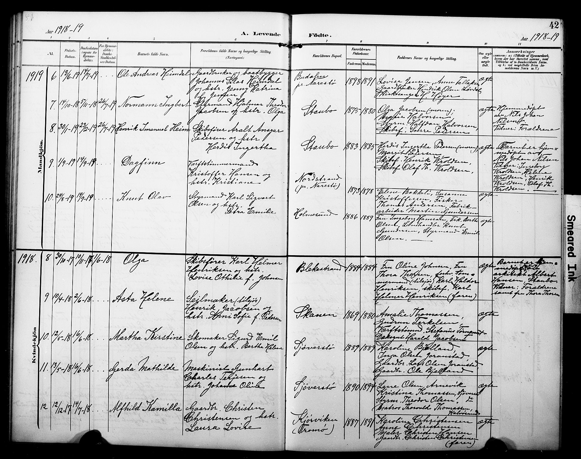 Dypvåg sokneprestkontor, AV/SAK-1111-0007/F/Fb/Fbb/L0005: Parish register (copy) no. B 5, 1905-1924, p. 42