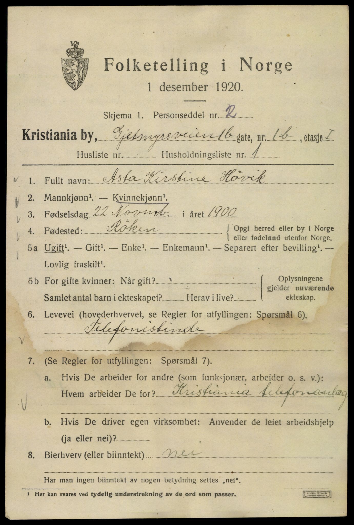 SAO, 1920 census for Kristiania, 1920, p. 248051