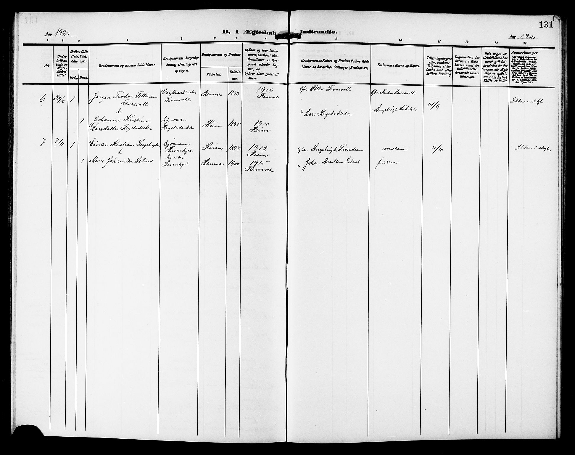 Ministerialprotokoller, klokkerbøker og fødselsregistre - Sør-Trøndelag, SAT/A-1456/633/L0520: Parish register (copy) no. 633C02, 1906-1921, p. 131