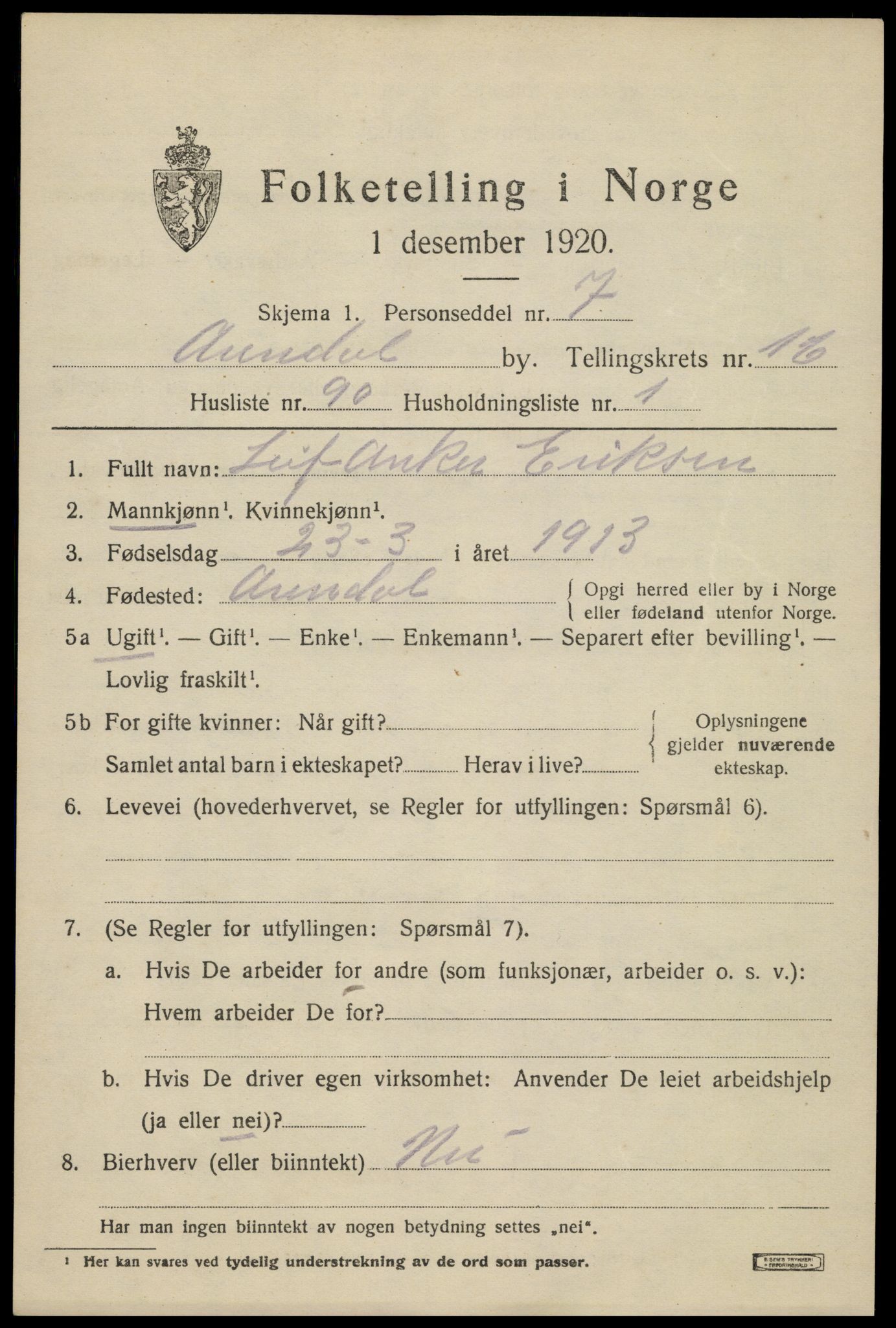 SAK, 1920 census for Arendal, 1920, p. 24042