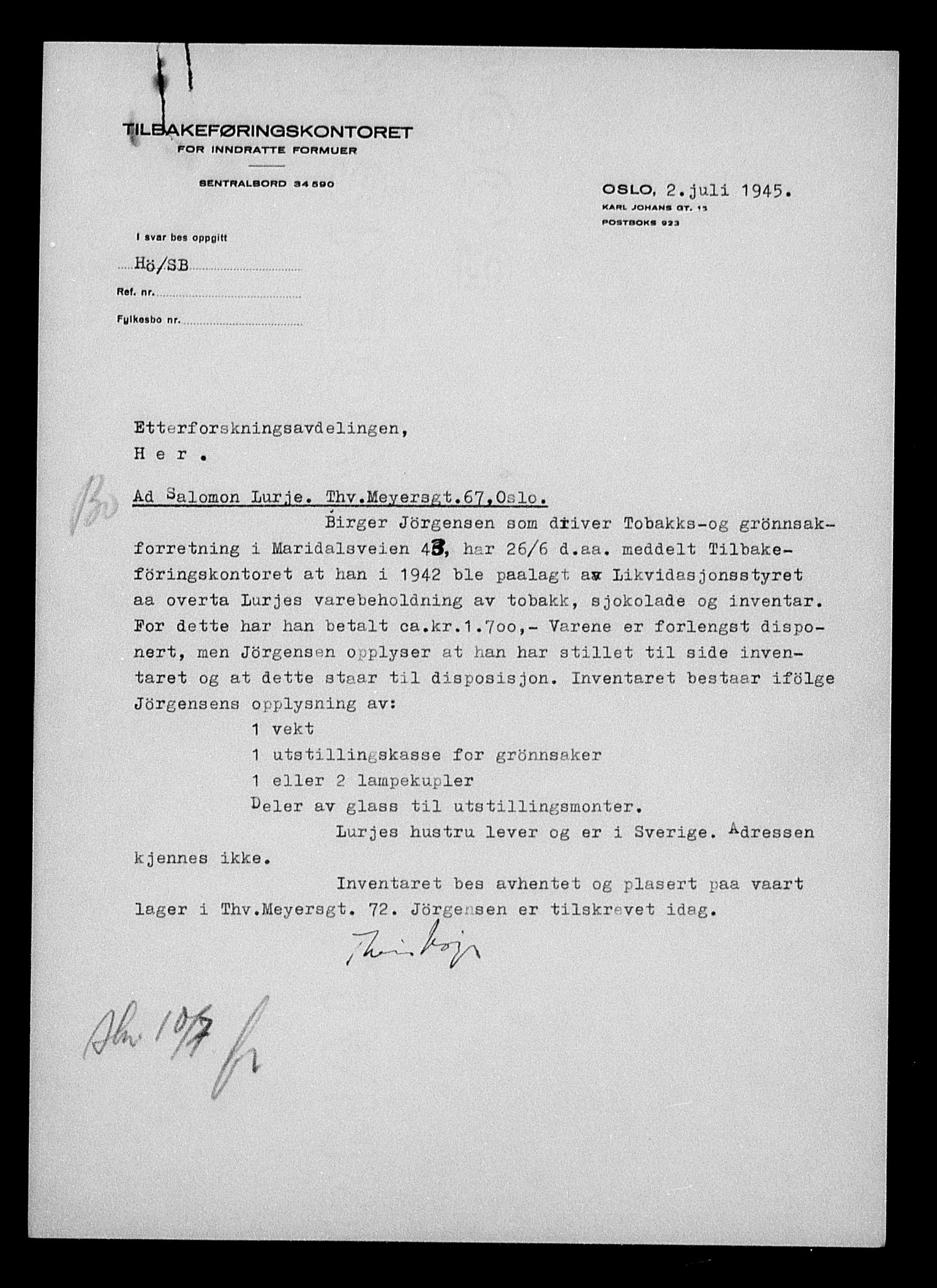 Justisdepartementet, Tilbakeføringskontoret for inndratte formuer, AV/RA-S-1564/H/Hc/Hcc/L0960: --, 1945-1947, p. 464