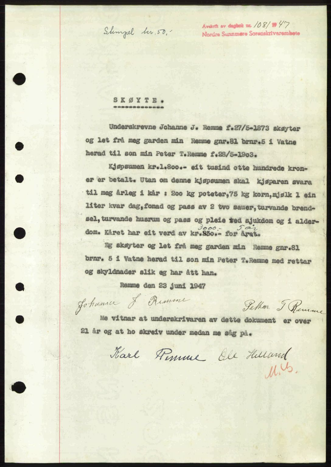 Nordre Sunnmøre sorenskriveri, AV/SAT-A-0006/1/2/2C/2Ca: Mortgage book no. A24, 1947-1947, Diary no: : 1081/1947