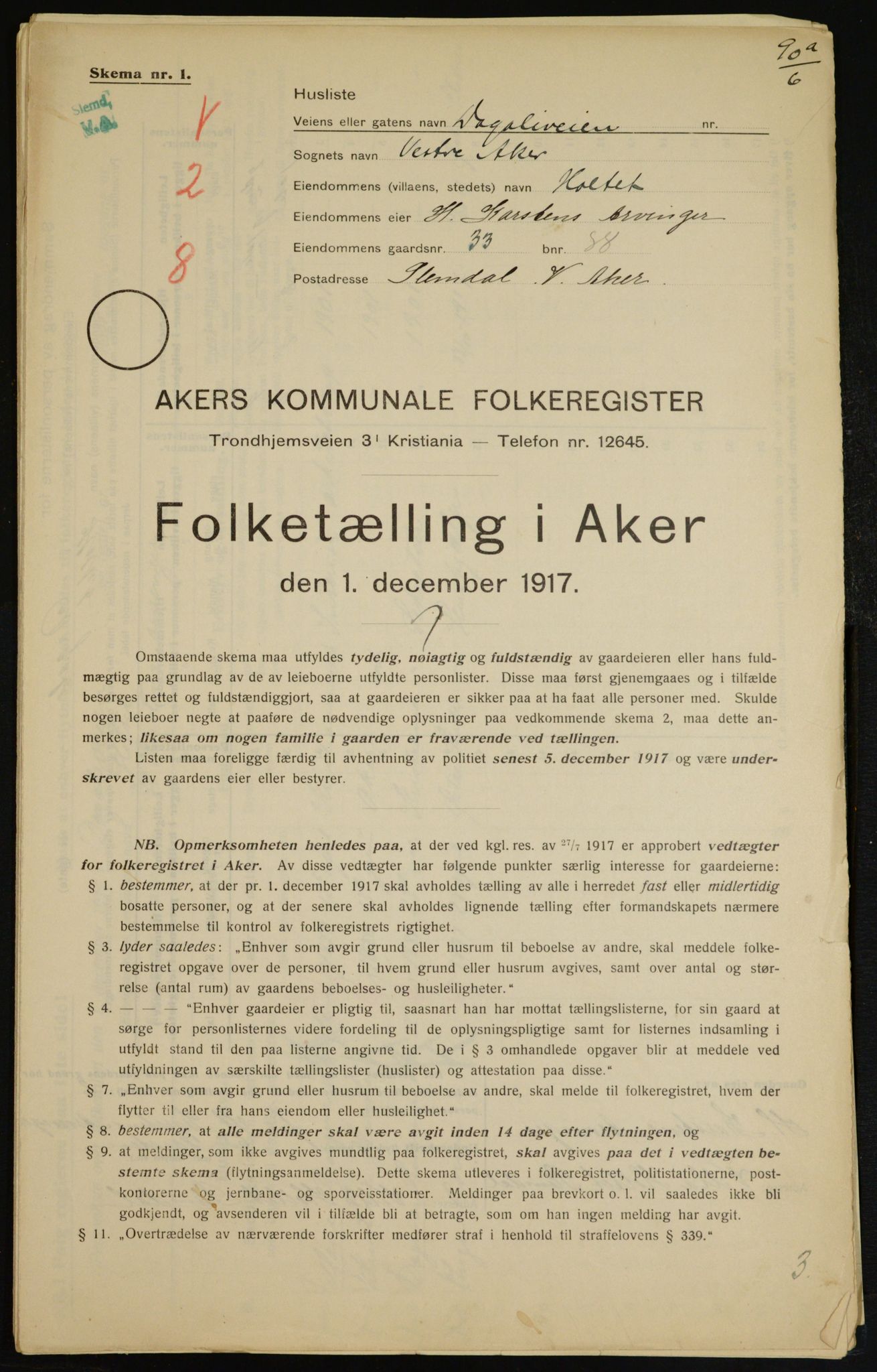 OBA, Municipal Census 1917 for Aker, 1917, p. 7330