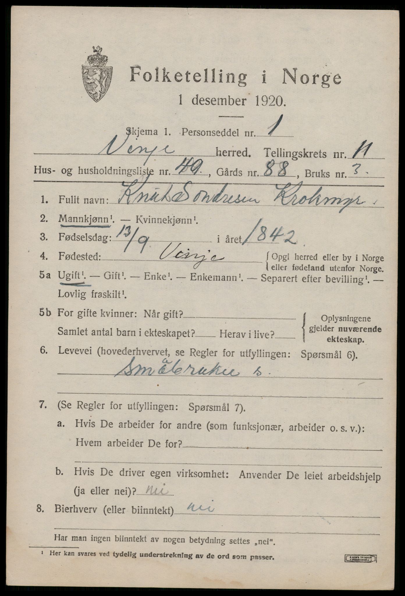 SAKO, 1920 census for Vinje, 1920, p. 3885