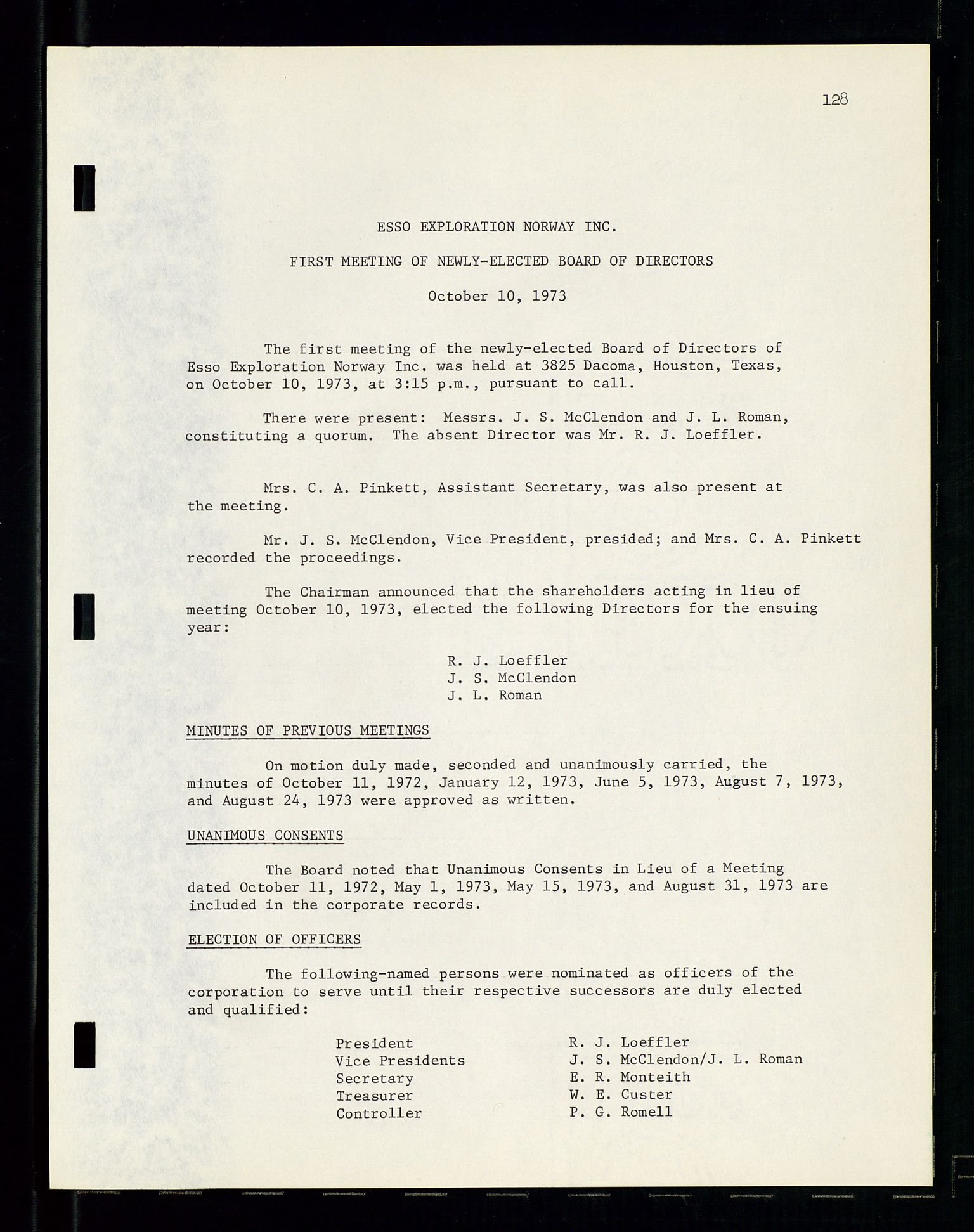 Pa 1512 - Esso Exploration and Production Norway Inc., SAST/A-101917/A/Aa/L0001/0001: Styredokumenter / Corporate records, By-Laws, Board meeting minutes, Incorporations, 1965-1975, p. 128