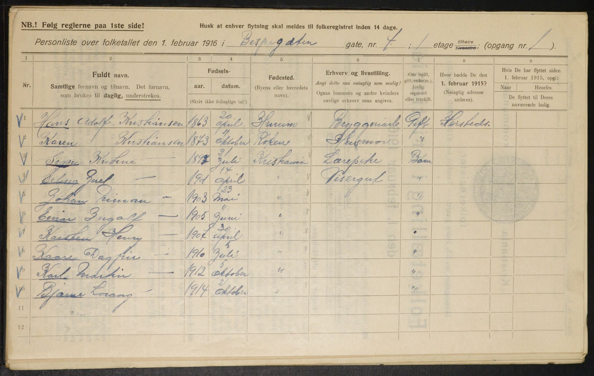 OBA, Municipal Census 1916 for Kristiania, 1916, p. 5436