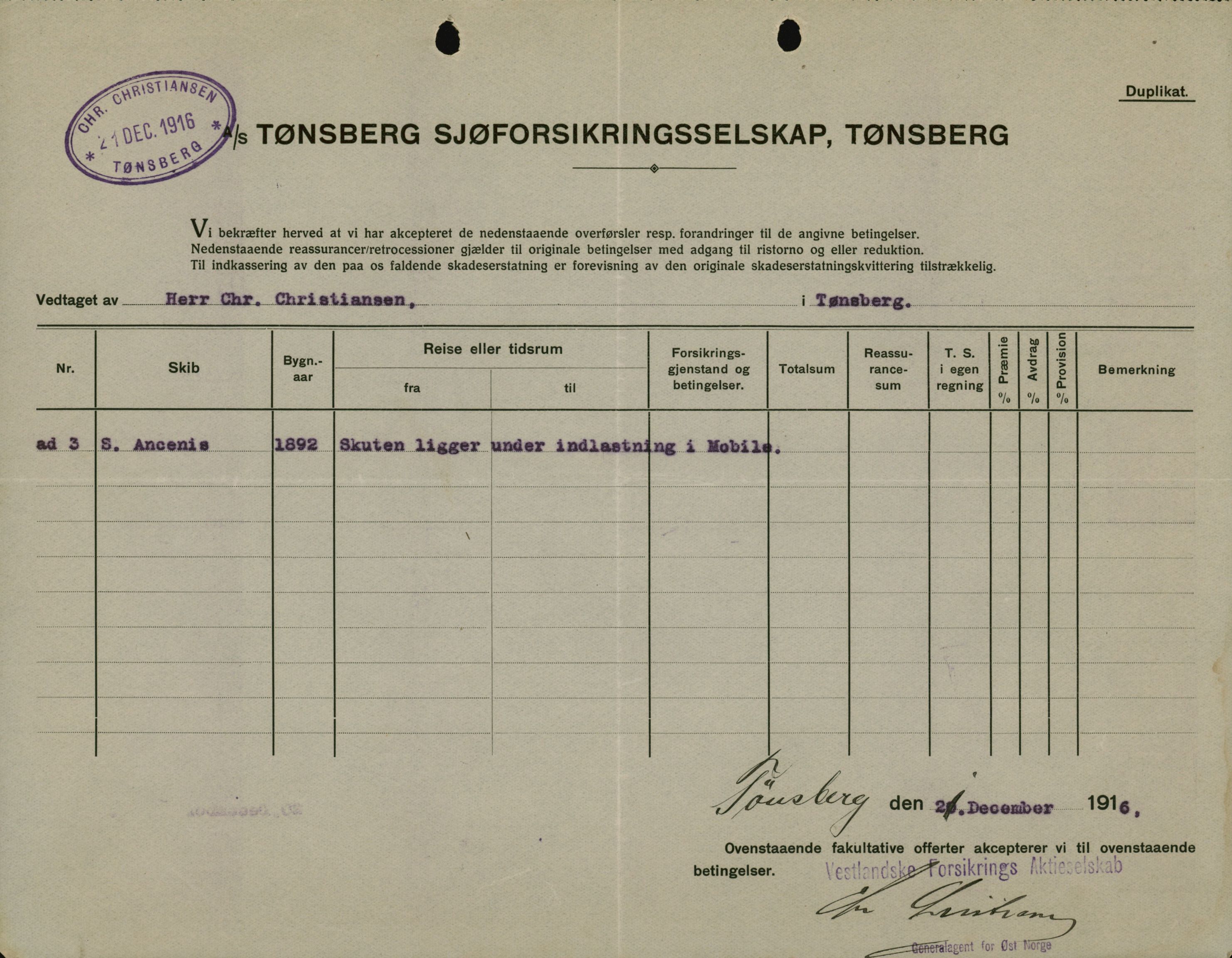 Pa 664 - Tønsberg Sjøforsikringsselskap, VEMU/A-1773/F/L0001: Forsikringspoliser, 1915-1918