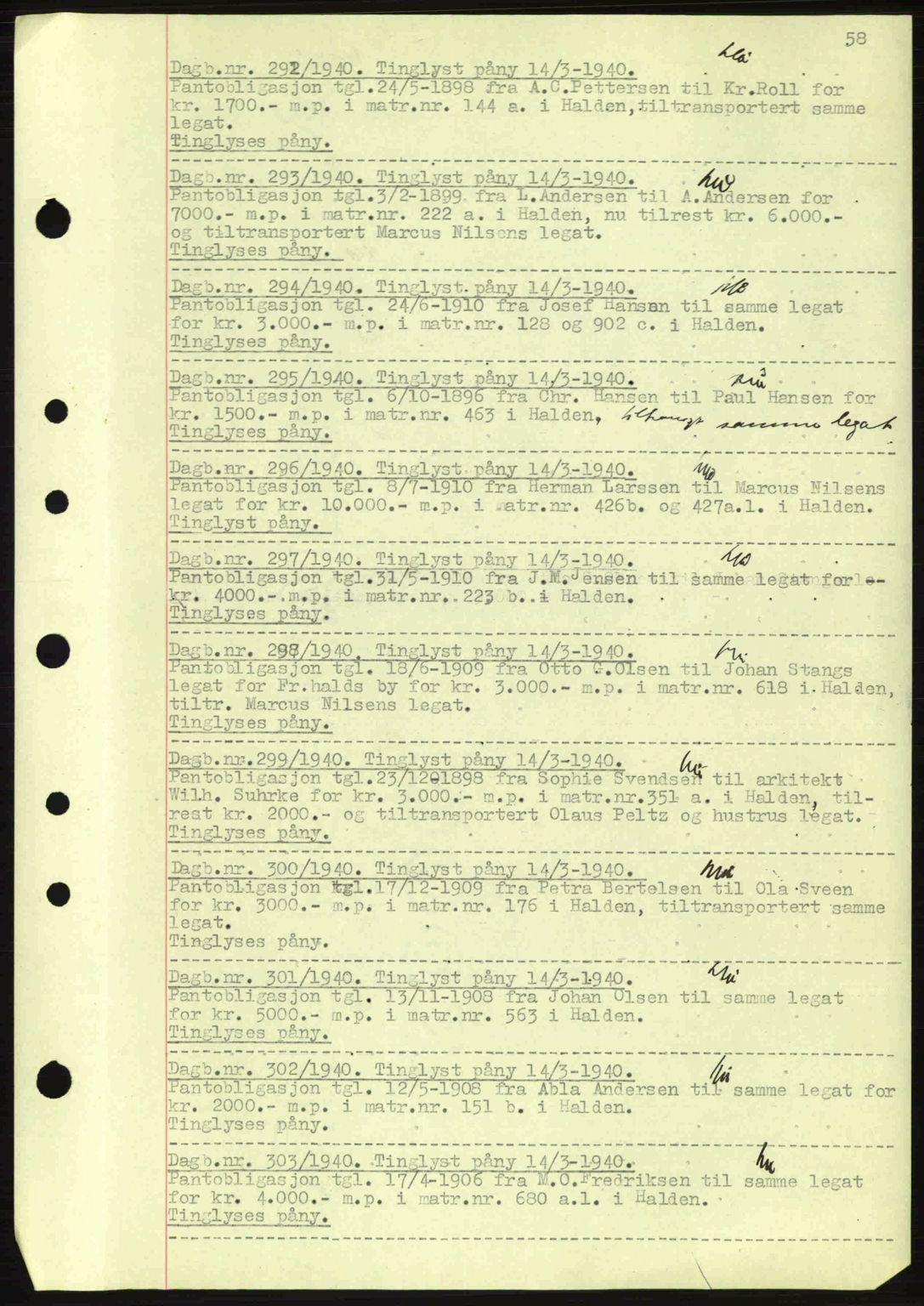 Idd og Marker sorenskriveri, AV/SAO-A-10283/G/Gb/Gbc/L0002: Mortgage book no. B4-9a, 1939-1945, Diary no: : 292/1940