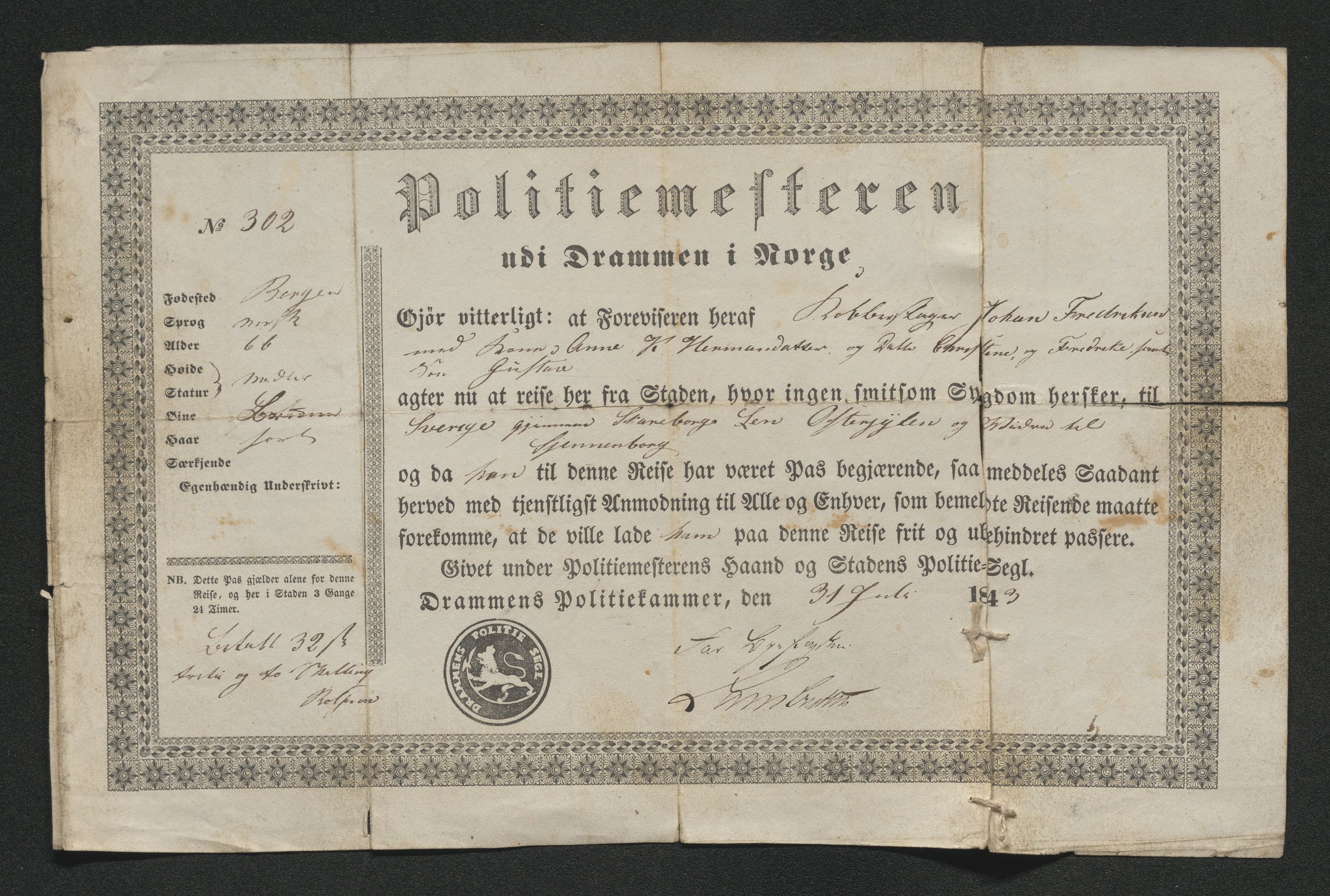 Drammen politikammer, SAKO/A-623/I/Ia/Iab/L0007: Innleverte pass, 1843-1844, p. 506