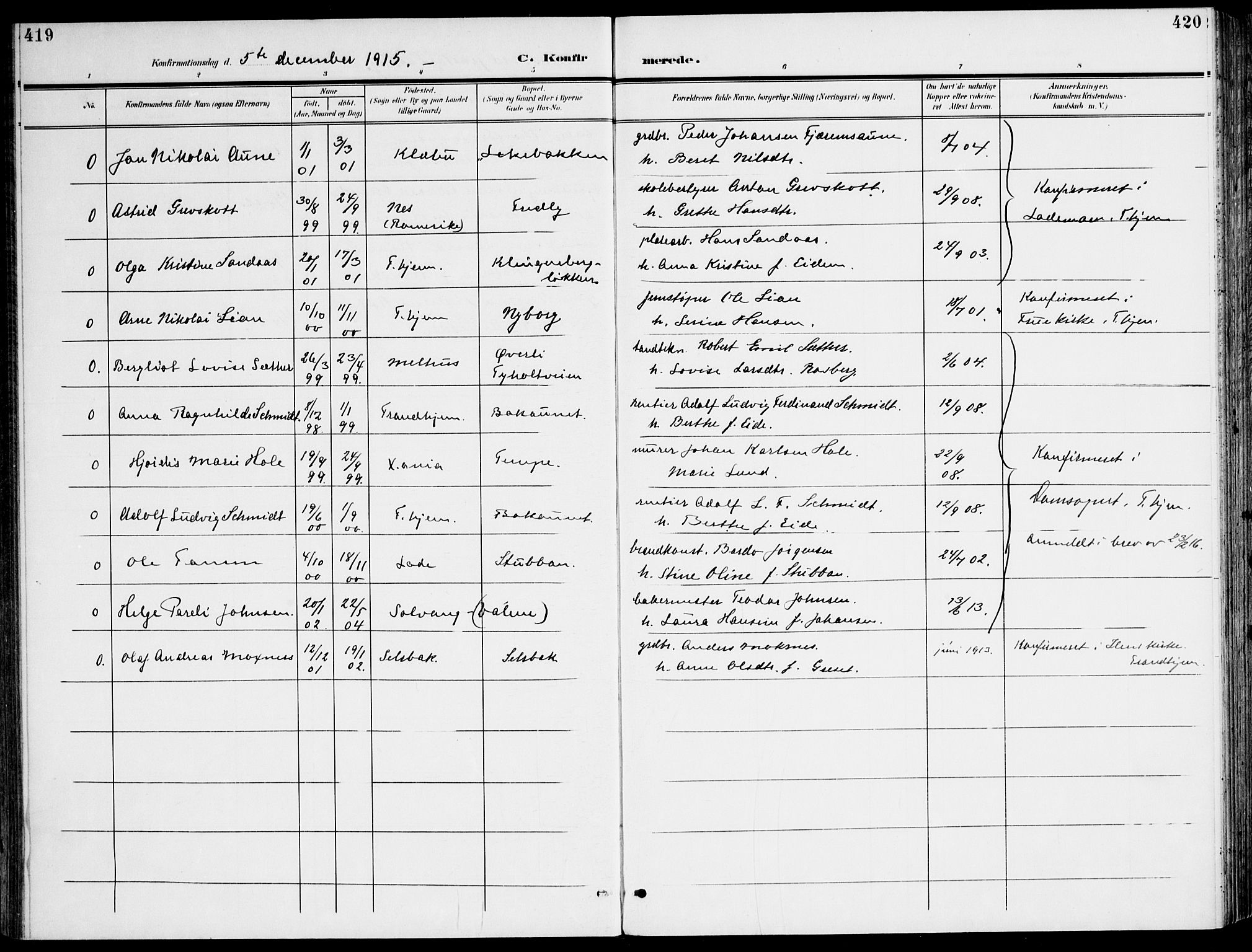 Ministerialprotokoller, klokkerbøker og fødselsregistre - Sør-Trøndelag, AV/SAT-A-1456/607/L0320: Parish register (official) no. 607A04, 1907-1915, p. 419-420