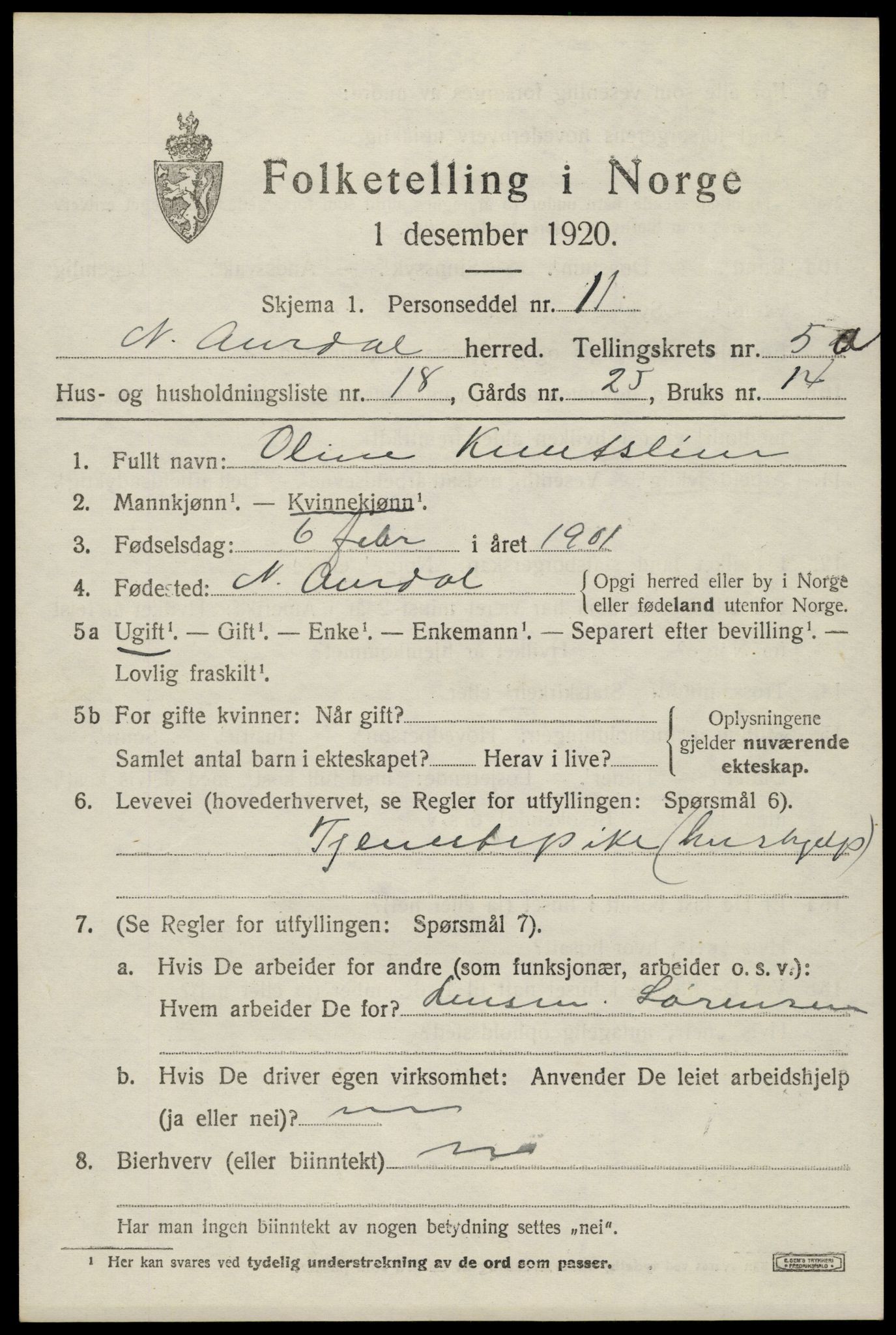 SAH, 1920 census for Nord-Aurdal, 1920, p. 4960