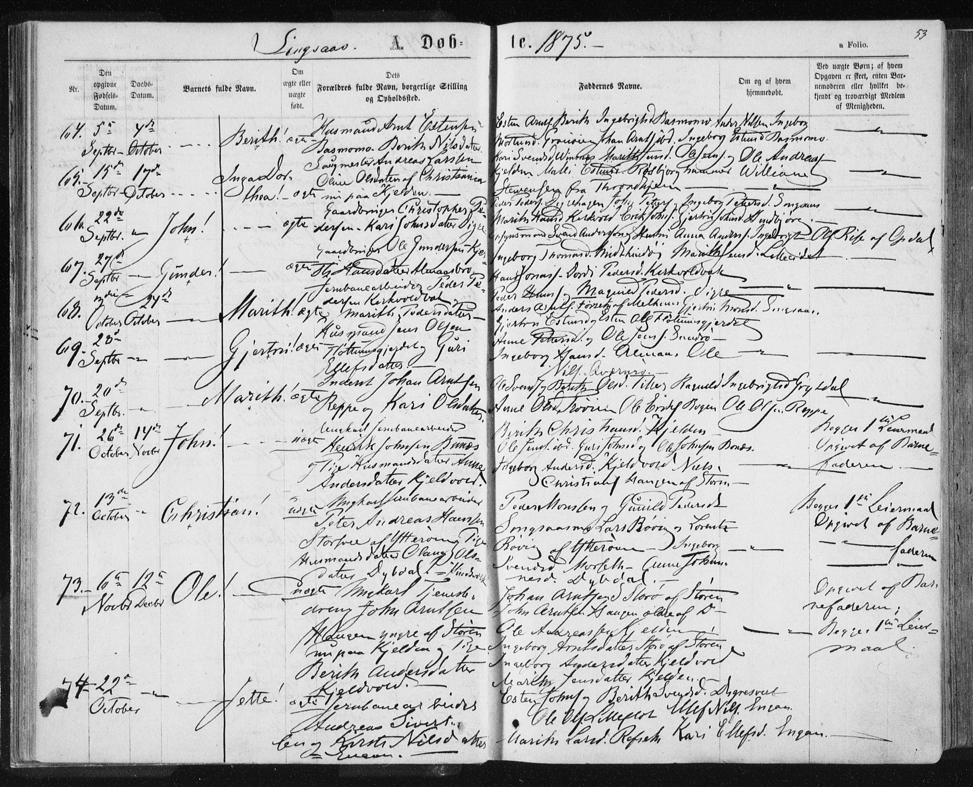 Ministerialprotokoller, klokkerbøker og fødselsregistre - Sør-Trøndelag, SAT/A-1456/685/L0970: Parish register (official) no. 685A08 /2, 1870-1878, p. 53