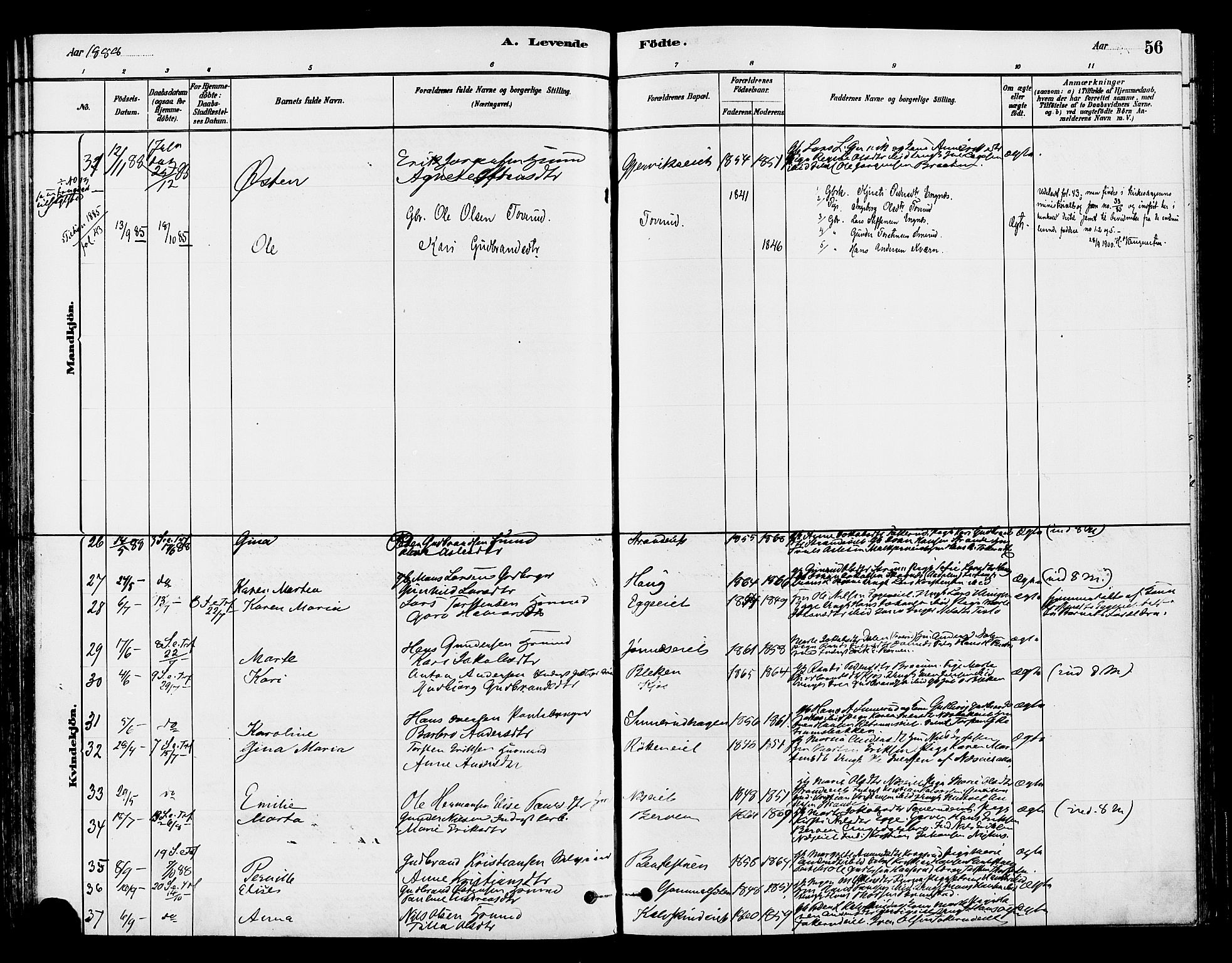 Gran prestekontor, AV/SAH-PREST-112/H/Ha/Haa/L0015: Parish register (official) no. 15, 1880-1888, p. 56