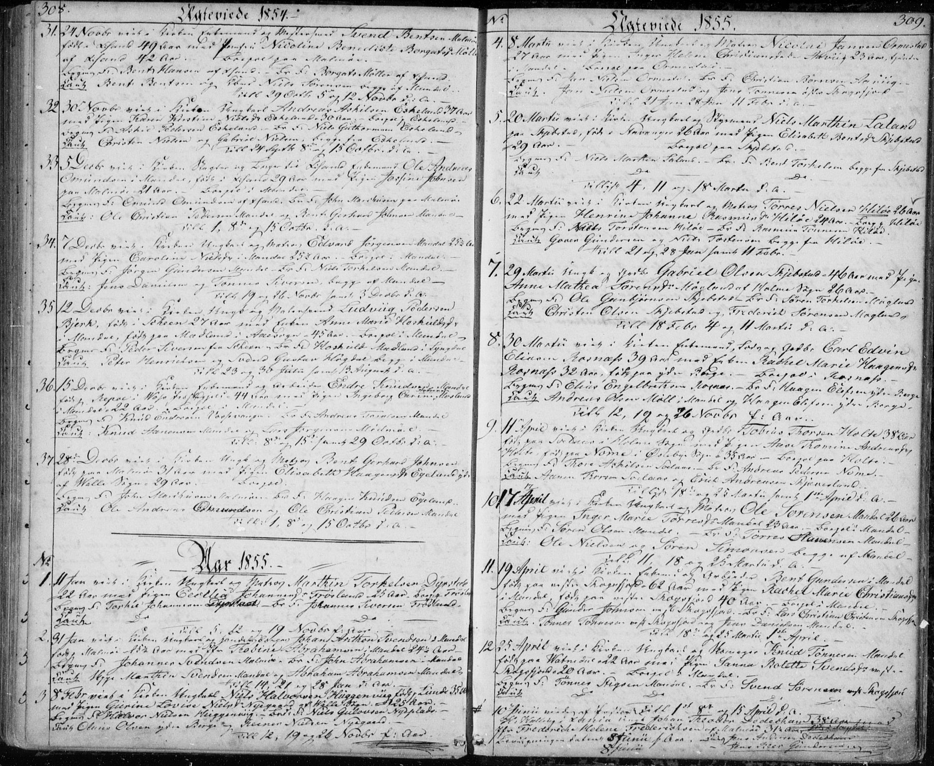 Mandal sokneprestkontor, SAK/1111-0030/F/Fb/Fba/L0008: Parish register (copy) no. B 2, 1854-1868, p. 308-309