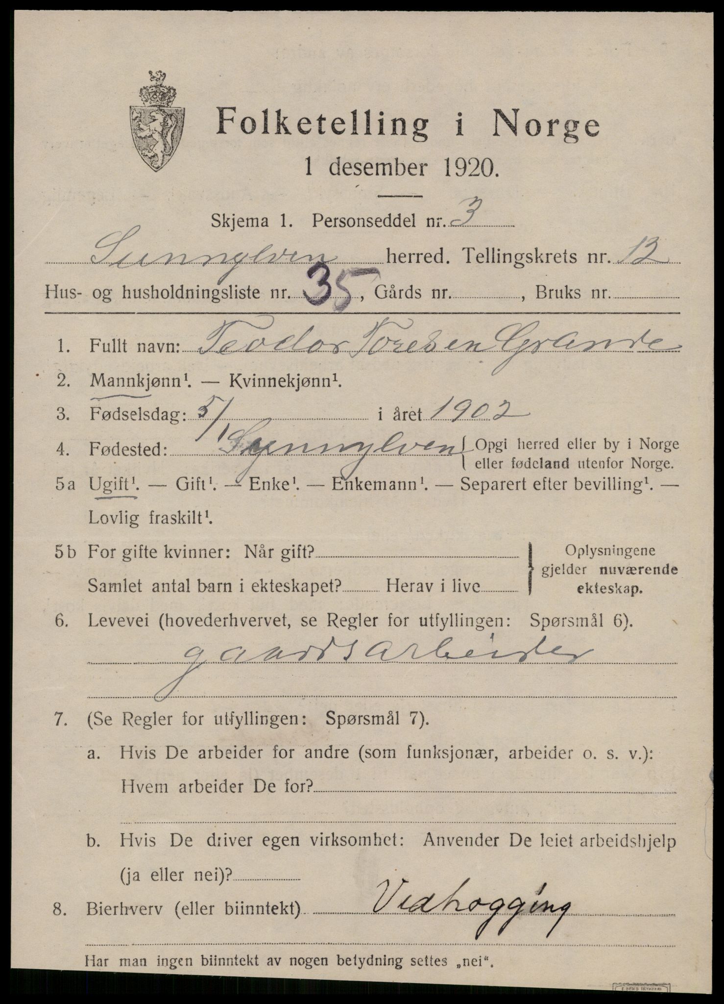 SAT, 1920 census for Sunnylven, 1920, p. 3648