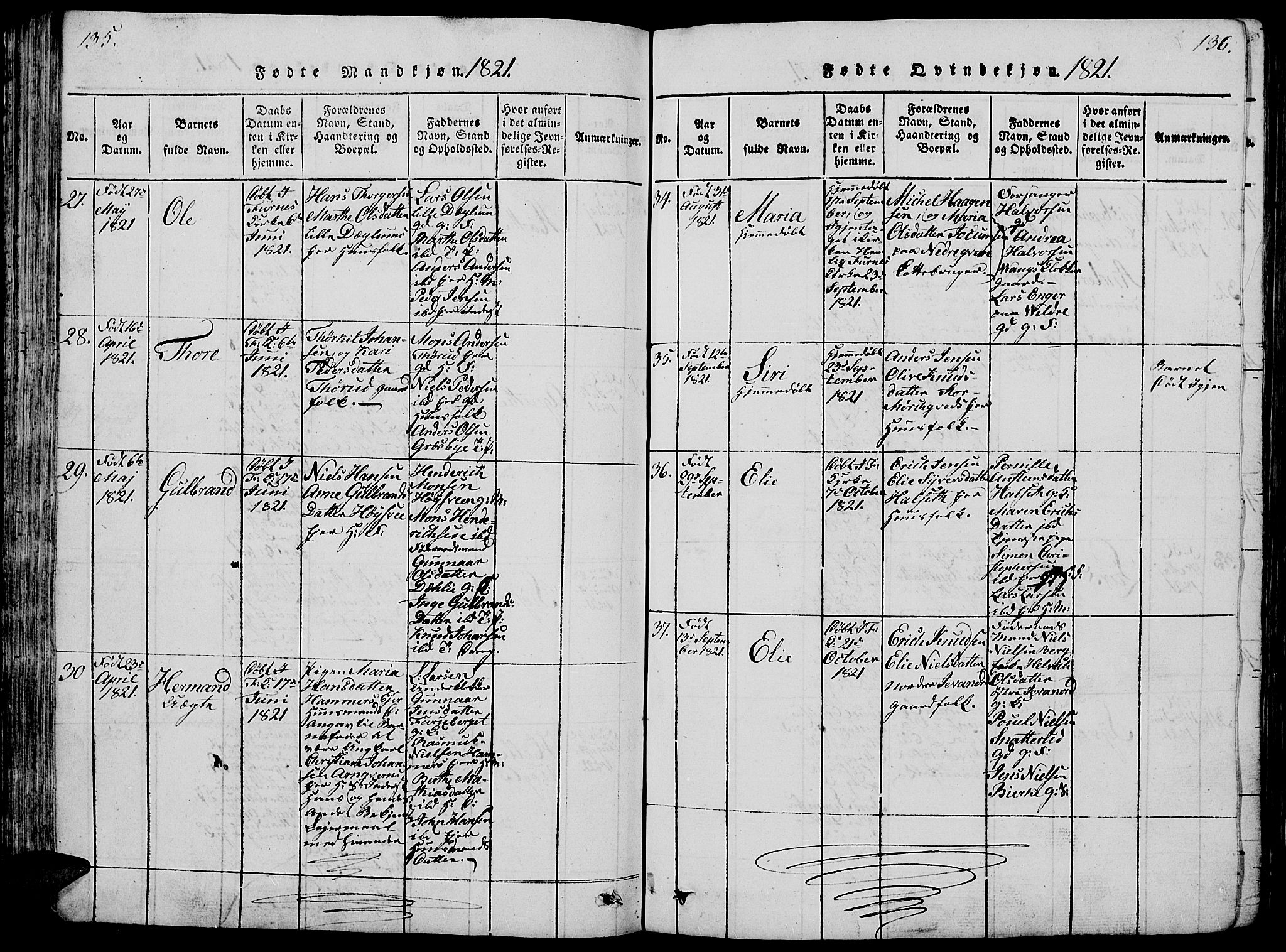 Vang prestekontor, Hedmark, AV/SAH-PREST-008/H/Ha/Hab/L0005: Parish register (copy) no. 5, 1815-1836, p. 135-136