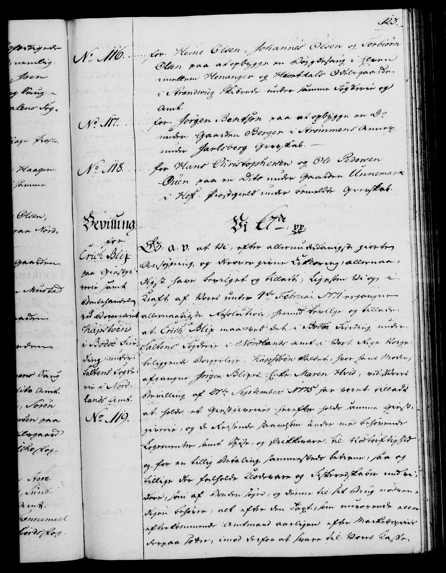 Rentekammeret, Kammerkanselliet, RA/EA-3111/G/Gg/Gga/L0013: Norsk ekspedisjonsprotokoll med register (merket RK 53.13), 1784-1787, p. 123
