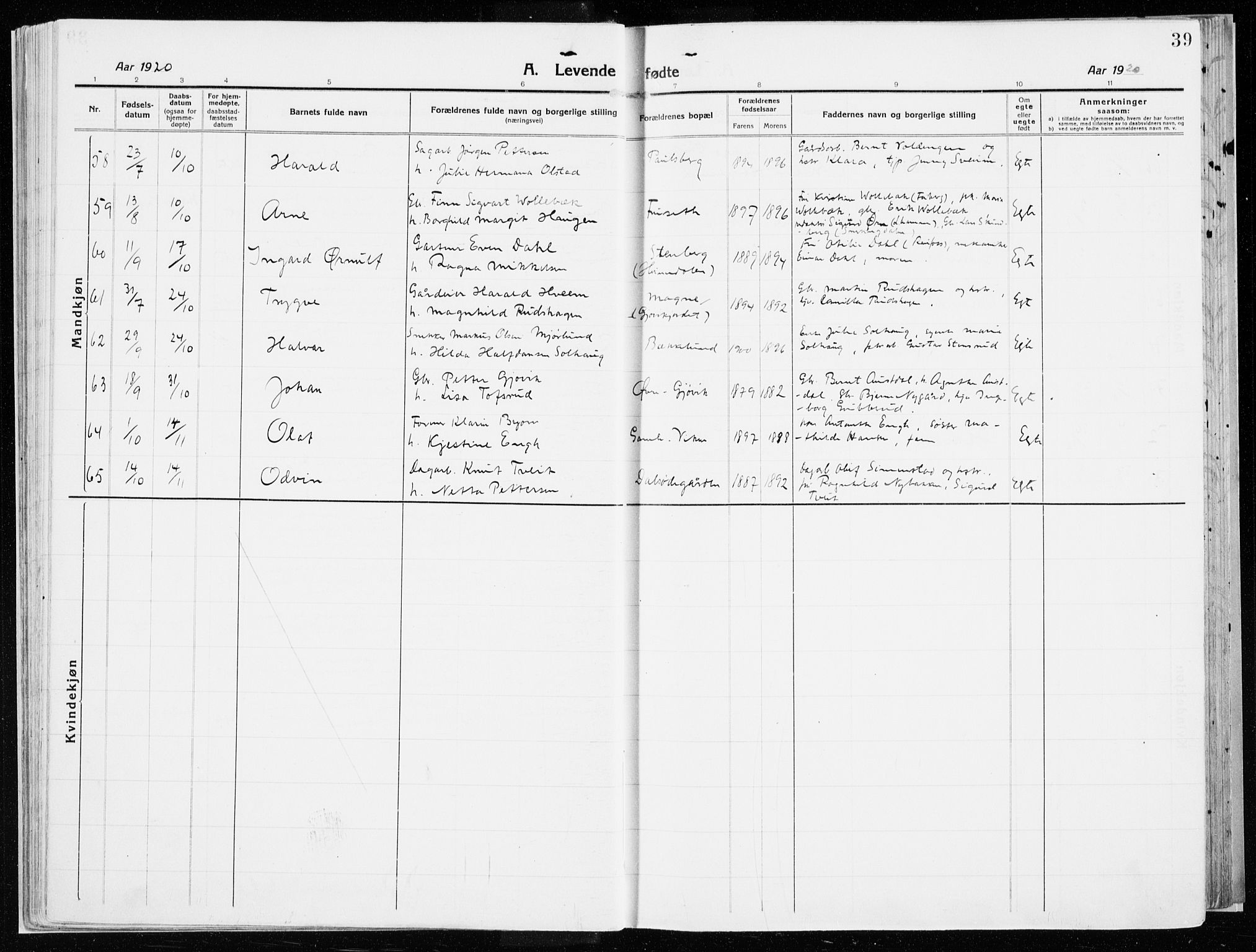 Vardal prestekontor, AV/SAH-PREST-100/H/Ha/Haa/L0017: Parish register (official) no. 17, 1915-1929, p. 39