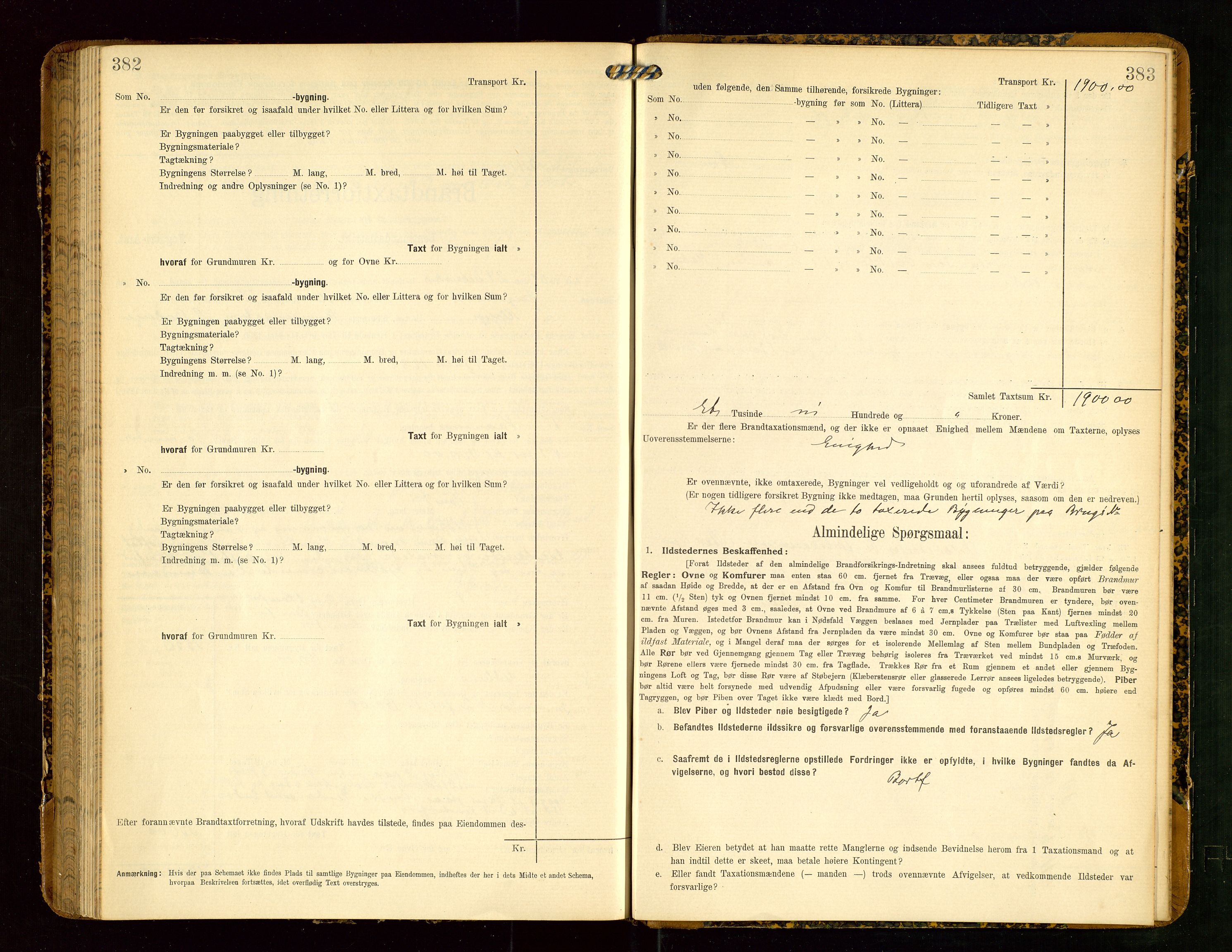 Klepp lensmannskontor, SAST/A-100163/Goc/L0004: "Brandtaxationsprotokol" m/register, 1906-1908, p. 382-383