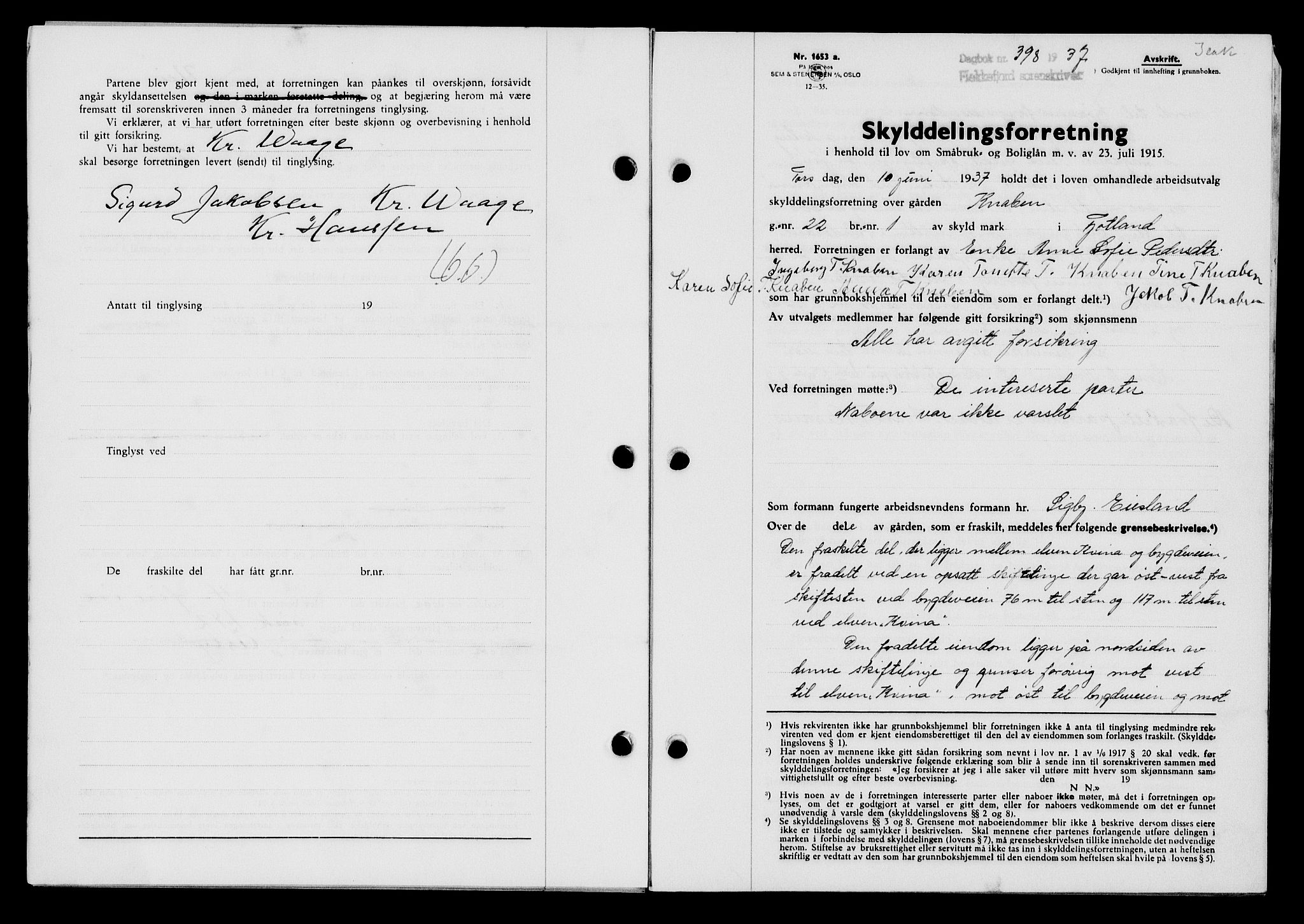 Flekkefjord sorenskriveri, SAK/1221-0001/G/Gb/Gba/L0053: Mortgage book no. A-1, 1936-1937, Diary no: : 398/1937