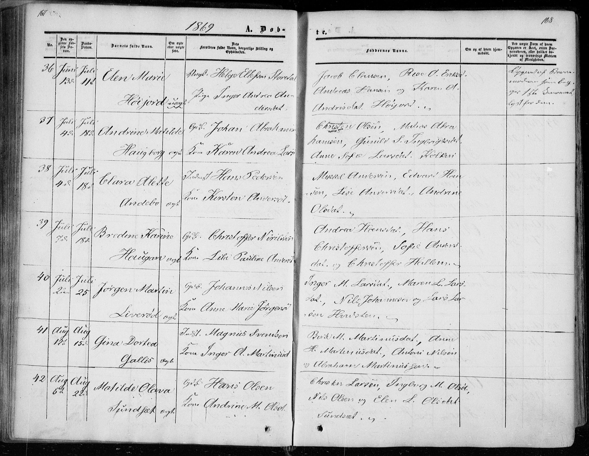 Andebu kirkebøker, AV/SAKO-A-336/F/Fa/L0005: Parish register (official) no. I 5, 1857-1870, p. 167-168