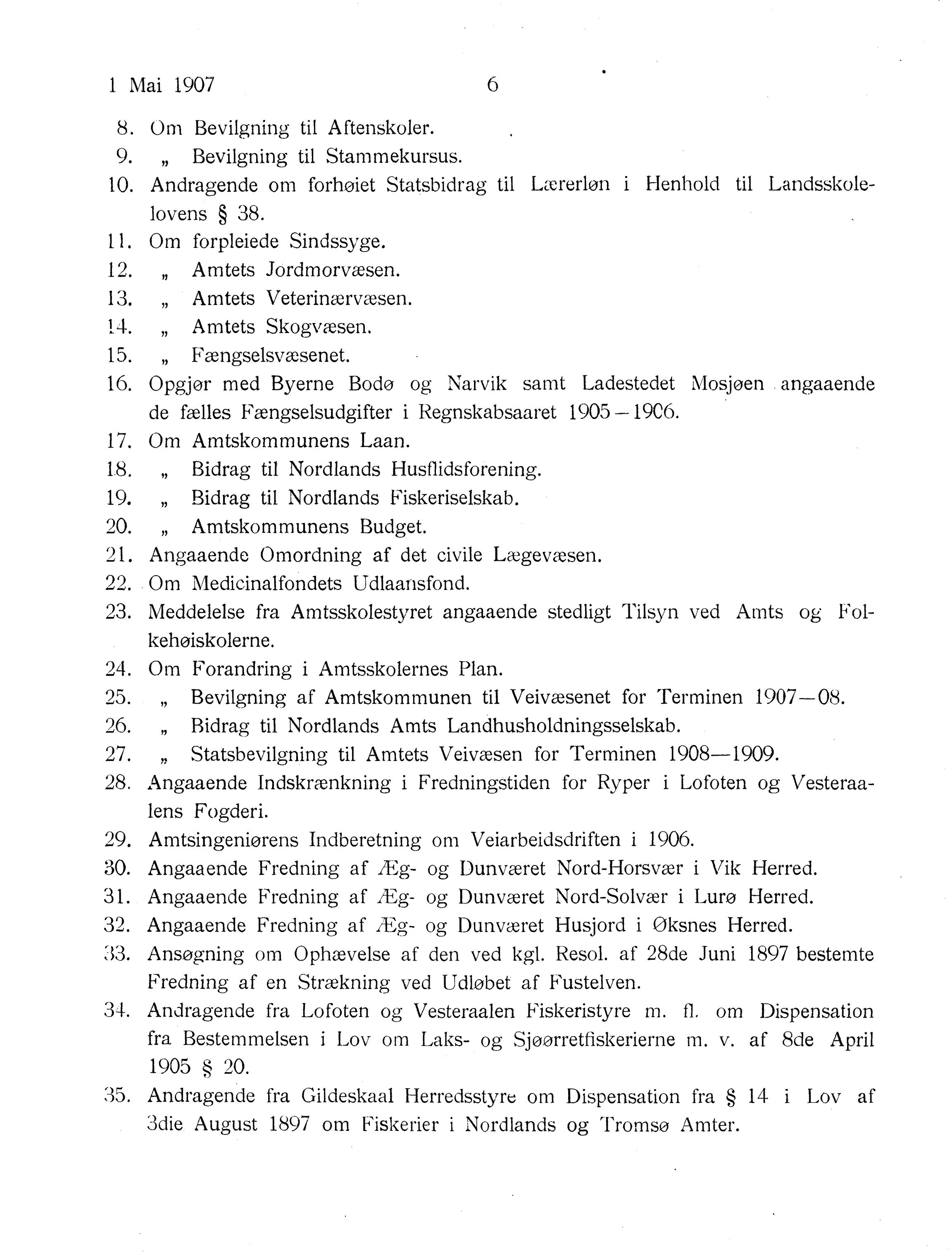 Nordland Fylkeskommune. Fylkestinget, AIN/NFK-17/176/A/Ac/L0030: Fylkestingsforhandlinger 1907, 1907