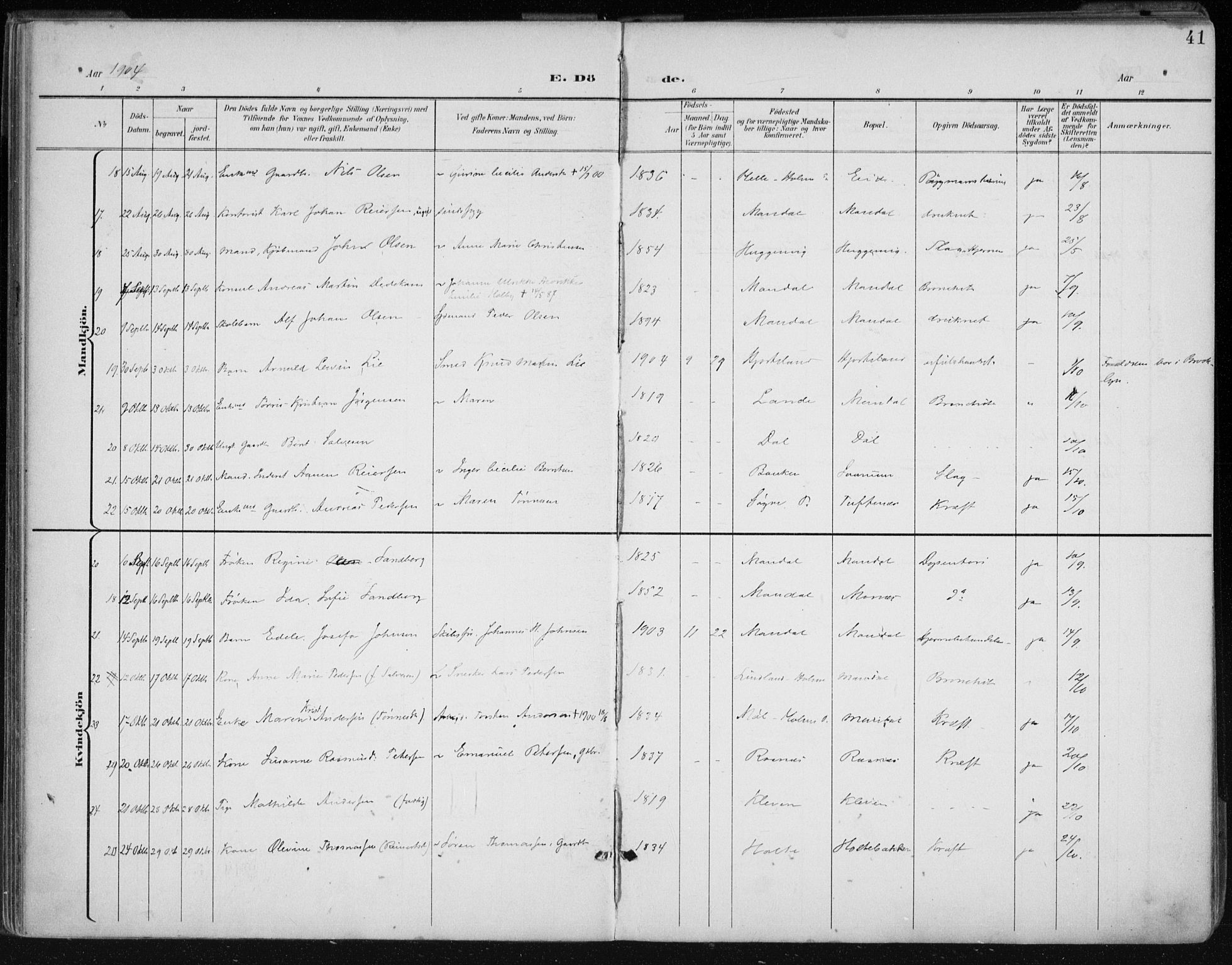 Mandal sokneprestkontor, SAK/1111-0030/F/Fa/Faa/L0021: Parish register (official) no. A 21, 1898-1913, p. 41