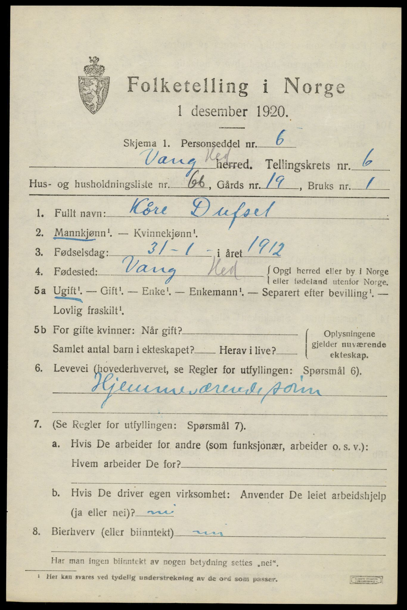 SAH, 1920 census for Vang (Hedmark), 1920, p. 16021