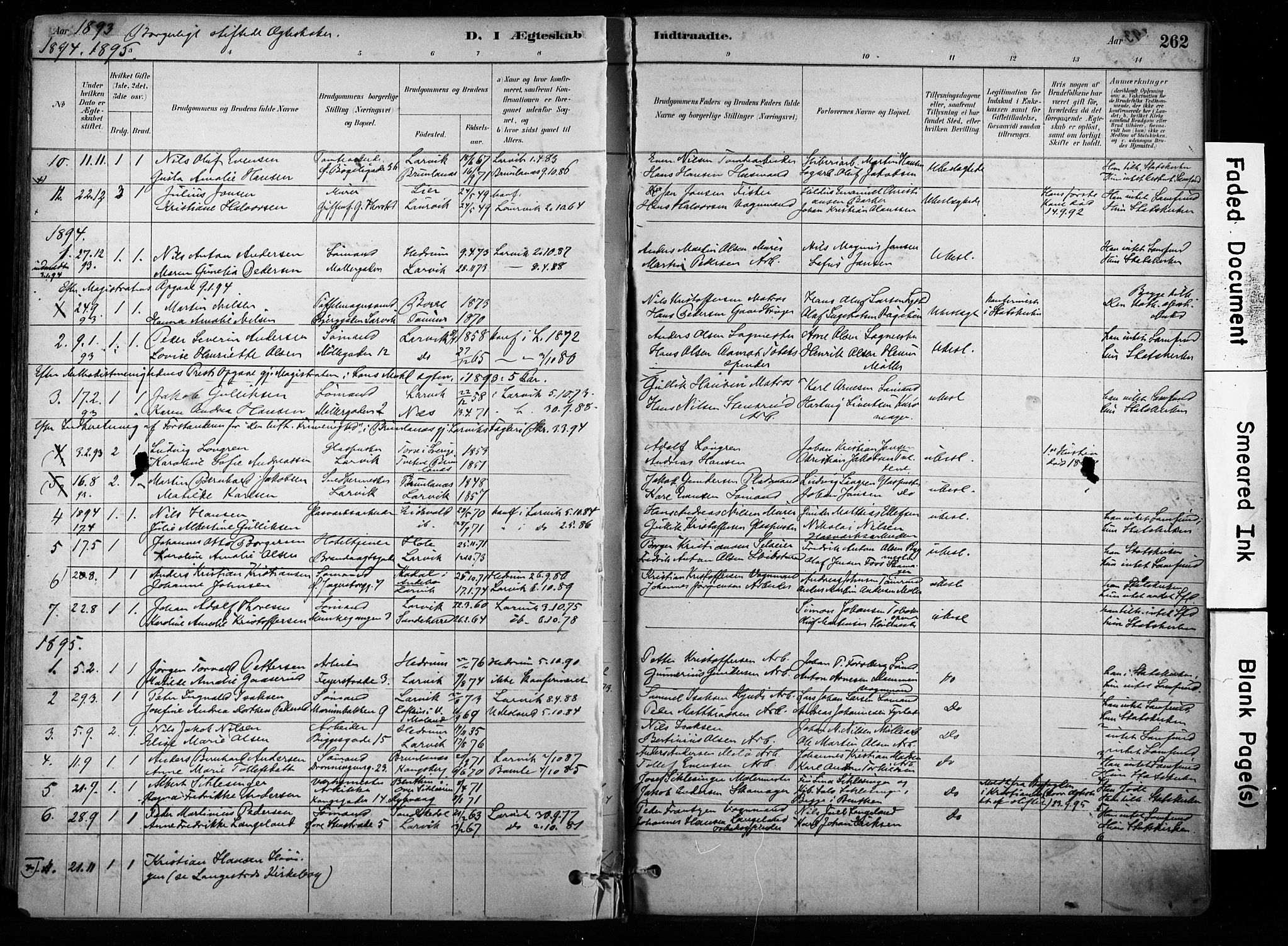 Larvik kirkebøker, AV/SAKO-A-352/F/Fa/L0008: Parish register (official) no. I 8, 1884-1902, p. 262