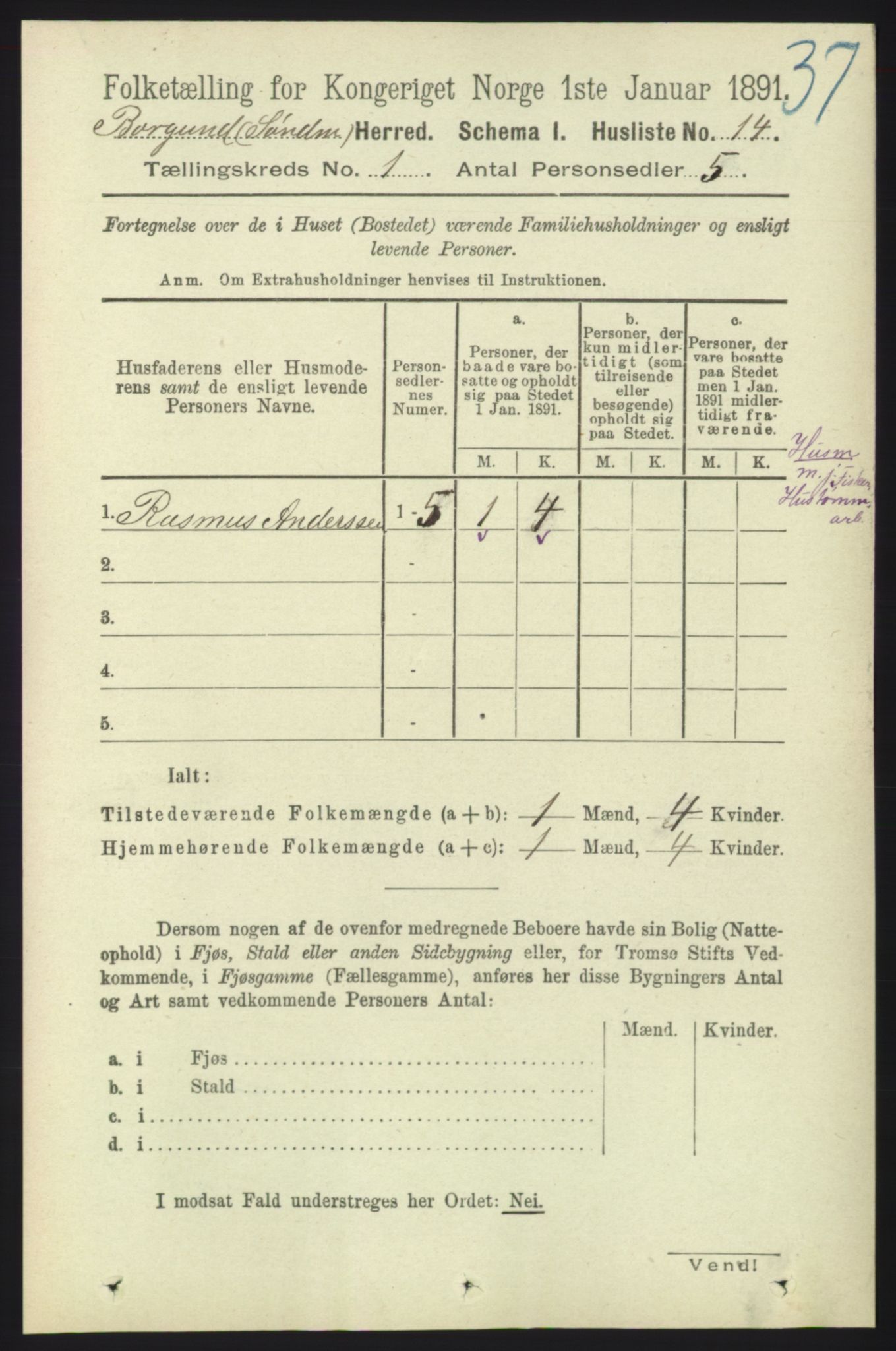 RA, 1891 census for 1531 Borgund, 1891, p. 74