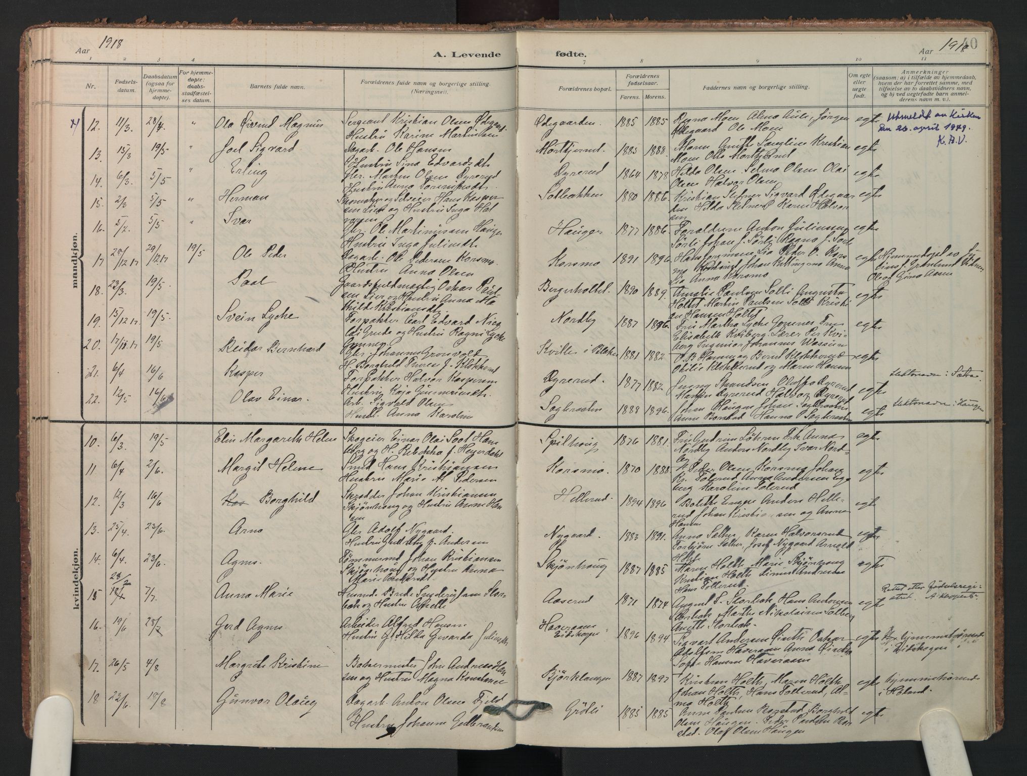 Aurskog prestekontor Kirkebøker, SAO/A-10304a/F/Fa/L0014: Parish register (official) no. I 14, 1911-1926, p. 40