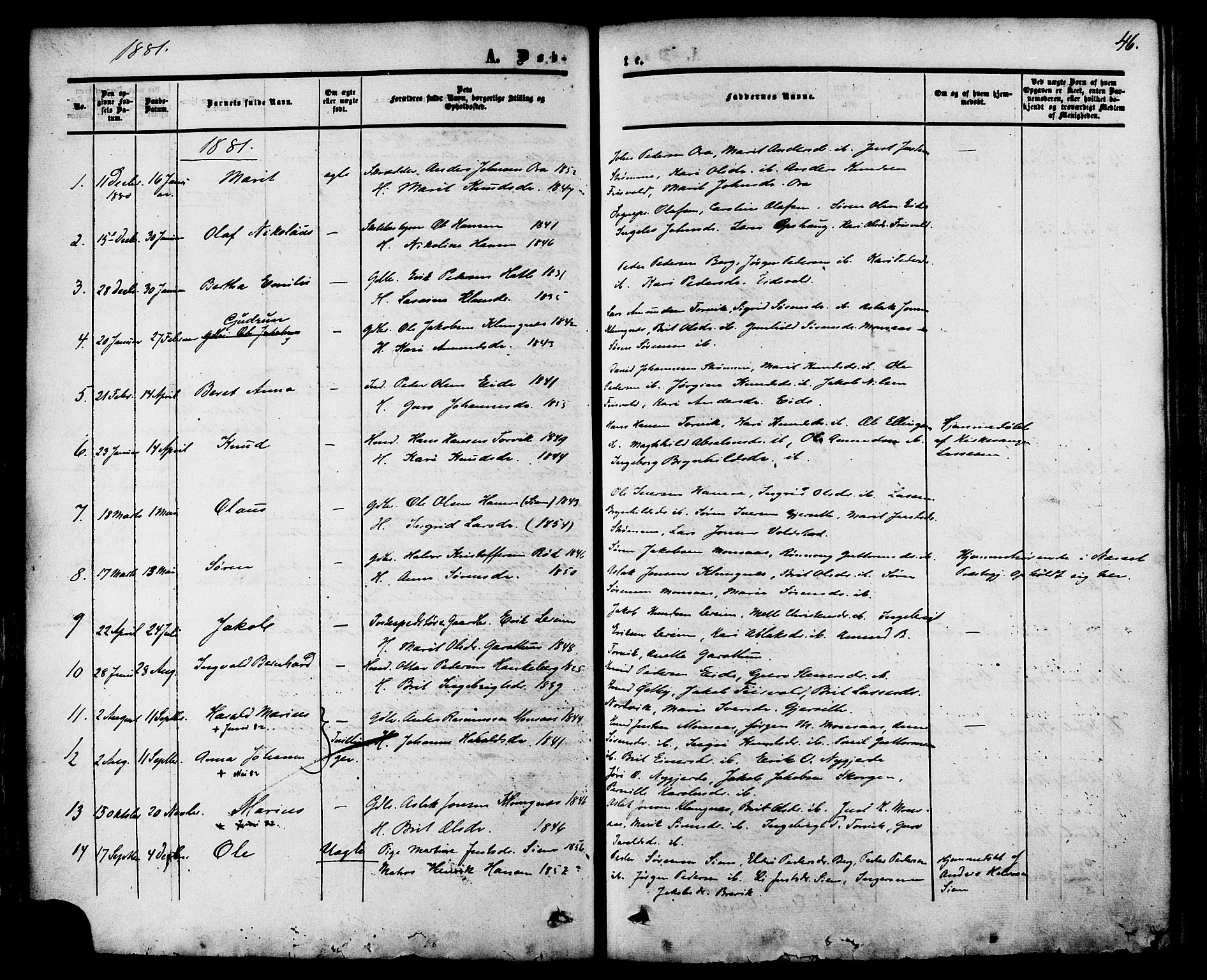 Ministerialprotokoller, klokkerbøker og fødselsregistre - Møre og Romsdal, AV/SAT-A-1454/542/L0552: Parish register (official) no. 542A02, 1854-1884, p. 46