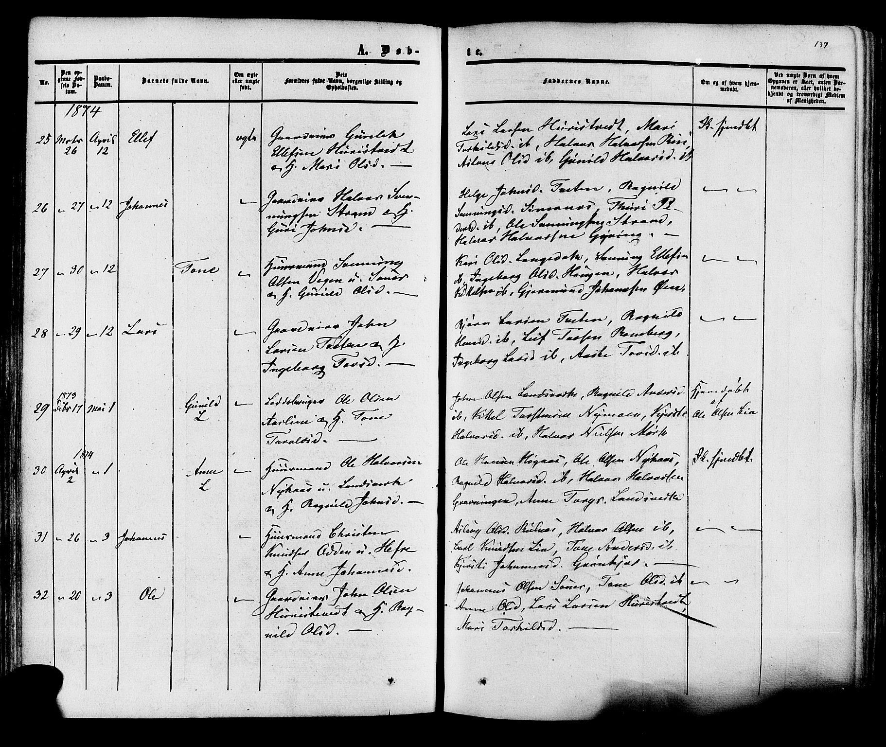 Heddal kirkebøker, AV/SAKO-A-268/F/Fa/L0007: Parish register (official) no. I 7, 1855-1877, p. 137