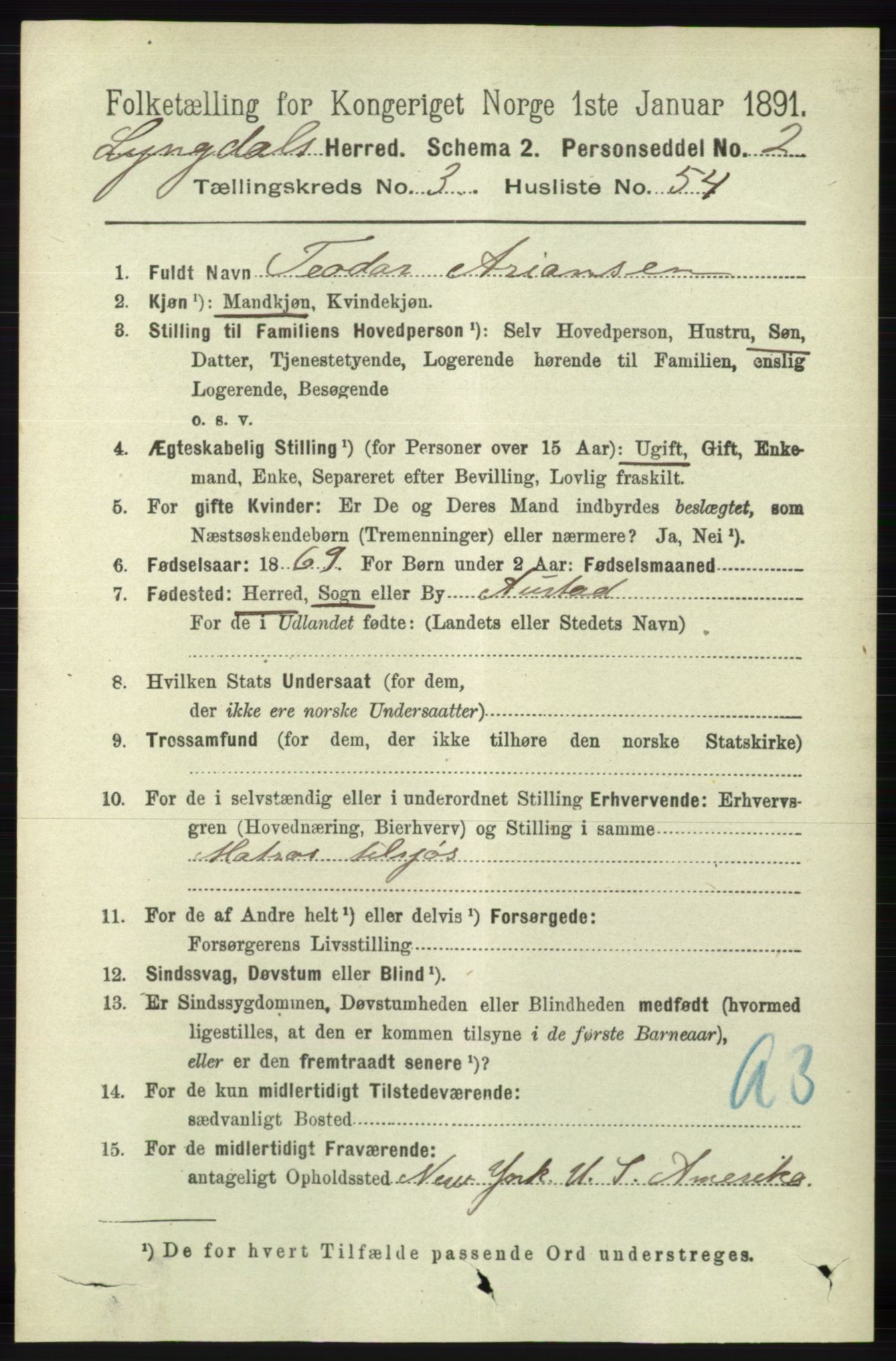 RA, 1891 census for 1032 Lyngdal, 1891, p. 1348