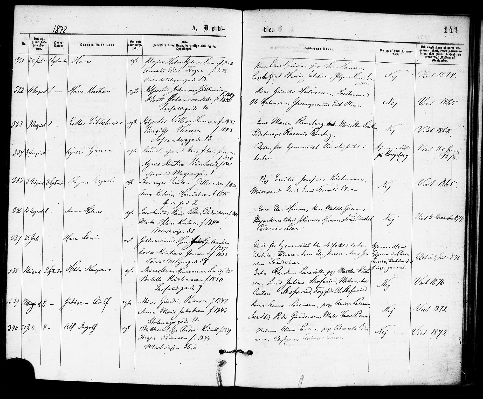 Paulus prestekontor Kirkebøker, AV/SAO-A-10871/F/Fa/L0001: Parish register (official) no. 1, 1875-1878, p. 141