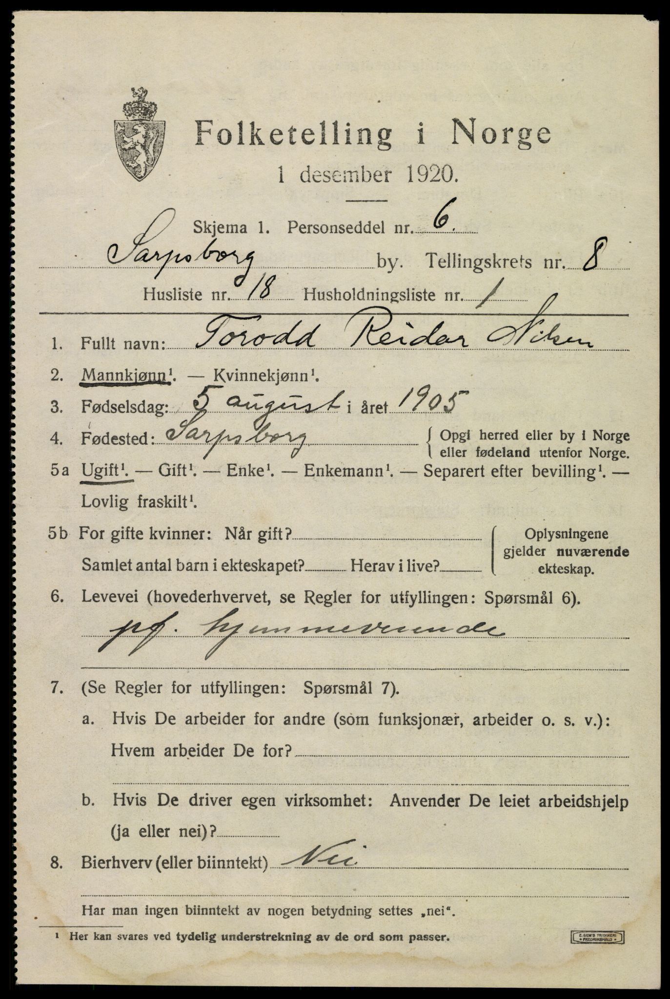 SAO, 1920 census for Sarpsborg, 1920, p. 17588